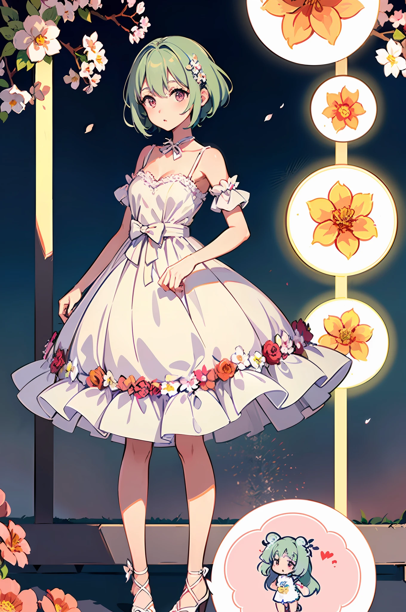 ((Anime Girls)), (((Miyazaki Hayao Style)), (((Ultra HD))), (((Highest Quality))), gentle and charming Chinese women , half-length photo, exquisite and sexy collarbone, charming oval face, double eyelids, smart peach blossom eyes, pink lips, small nose, bare shoulders, focused face, close-up of face, ultra-high-definition, super details, elegant stance, Lamra" Cut from pale yellow lace woven with delicate floral patterns, the dress has a V-neck secured by thin straps and a sweet tiered mini skirt that swings with every step