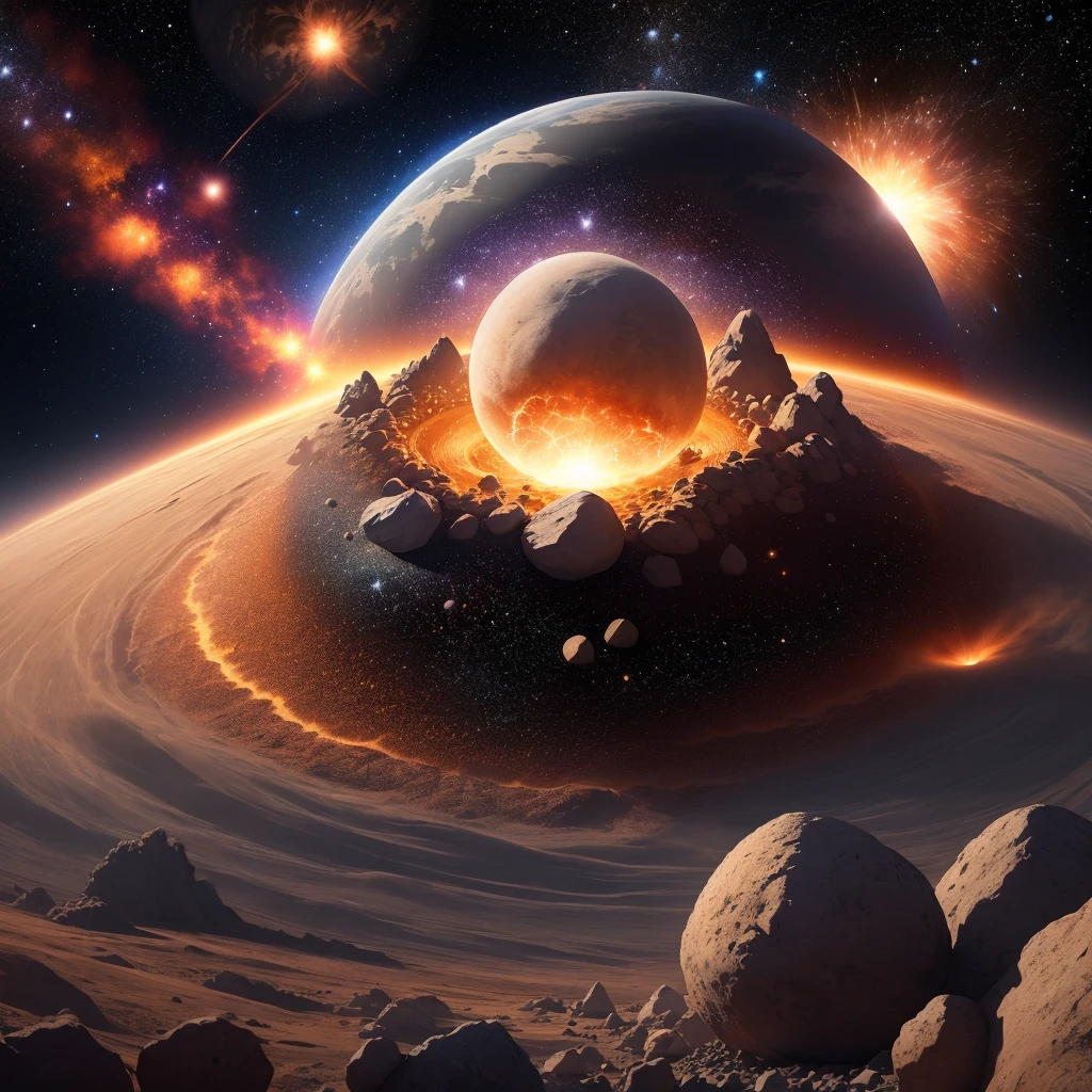 Explosion of a planet in the middle of the universe, remains of rocks around, dust, stars, detailed, delicate, illustration