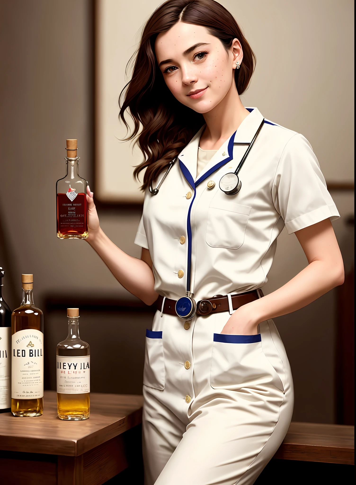 full shot body photo of the most beautiful artwork in the world featuring ww2 nurse holding a liquor bottle sitting on a desk nearby, smiling, freckles, white outfit, nostalgia, sexy, stethoscope, heart professional majestic oil painting by Ed Blinkey, Atey Ghailan, Studio Ghibli, by Jeremy Mann, Greg Manchess, Antonio Moro, trending on ArtStation, trending on CGSociety, Intricate, High Detail, Sharp focus, dramatic, photorealistic painting art by midjourney and greg rutkowski