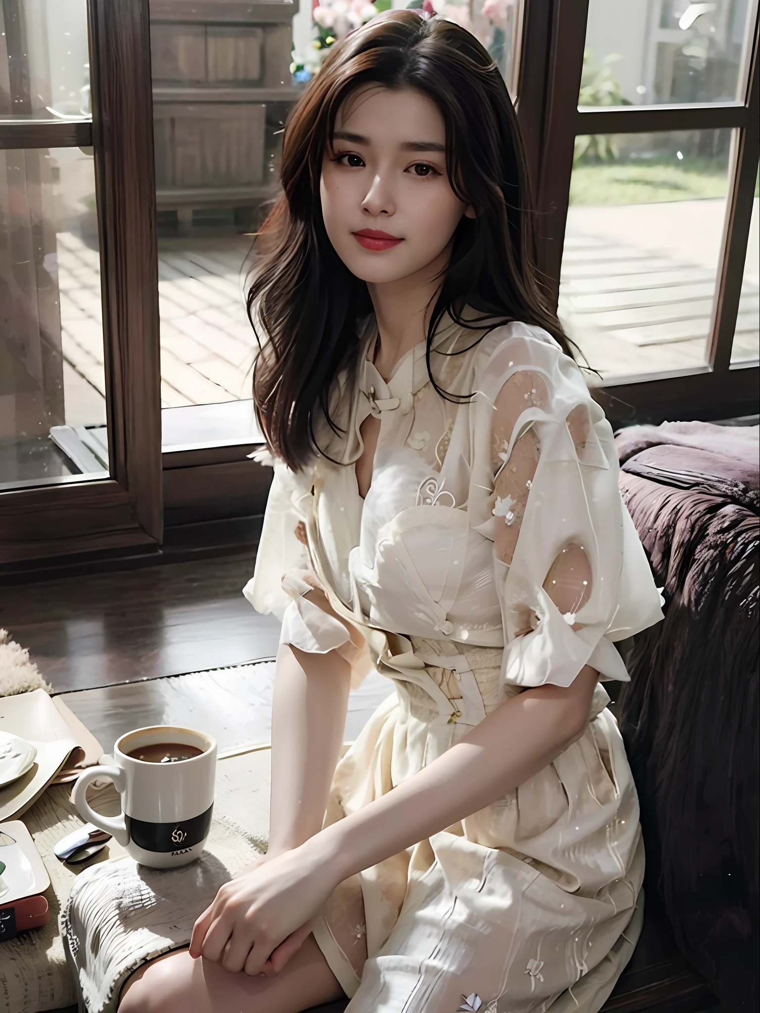 a close up of a woman sitting on a bed with a cup of coffee, beautiful south korean woman, beautiful young korean woman, korean girl, gorgeous young korean woman, korean woman, beautiful asian girl, song hye - kyo, beautiful asian woman, korean women's fashion model, lovely woman, open v chest clothes, japanese model, gorgeous lady, gorgeous chinese model
