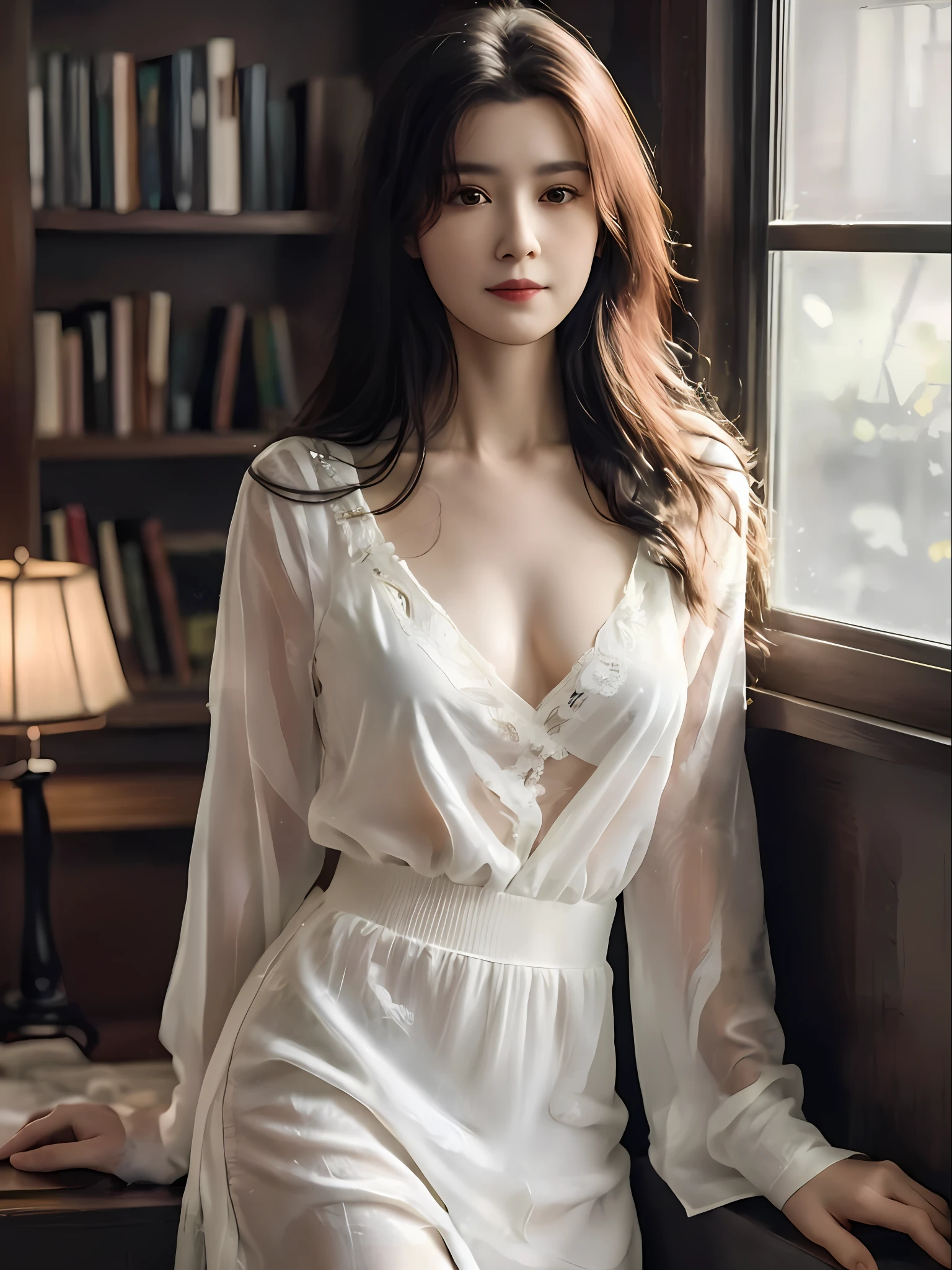 a close up of a woman in a white dress sitting on a window sill, wearing a nightgown, open v chest clothes, smooth white tight clothes suit, wearing white pajamas, beautiful south korean woman, nightgown, korean women's fashion model, gorgeous young korean woman, lovely woman, young sensual graceful, white silky outfit, wearing white silk robe