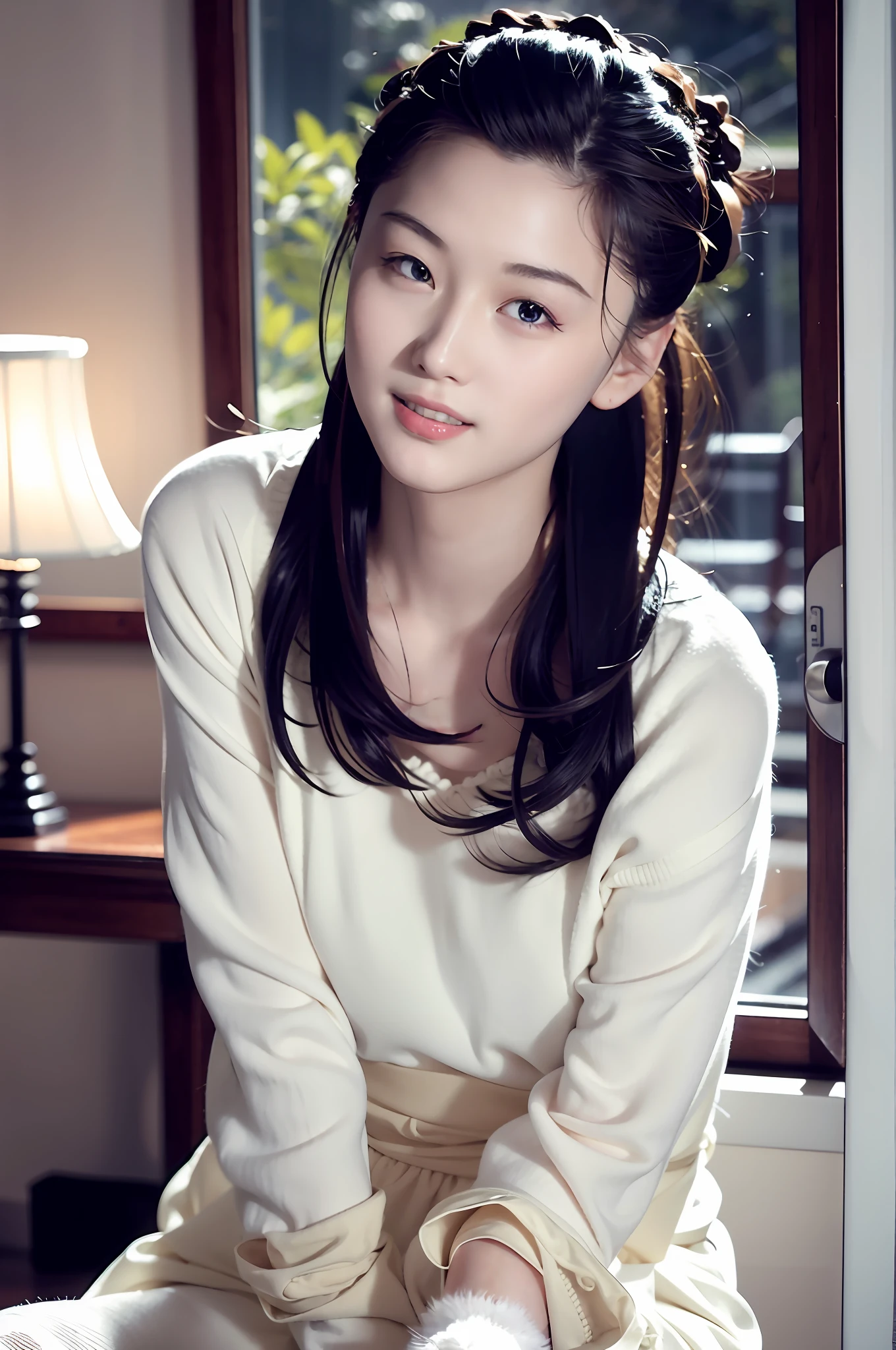 Sitting and chatting, facing the camera sideways, warm picture, feeling of love, cafe, sexy, fashionable dress, fashionable hairstyle, quiet environment, comfortable light, smiling at each other, casual dress, extreme details, gentle and elegant , beautiful, realistic. happy, happy, warm, first love