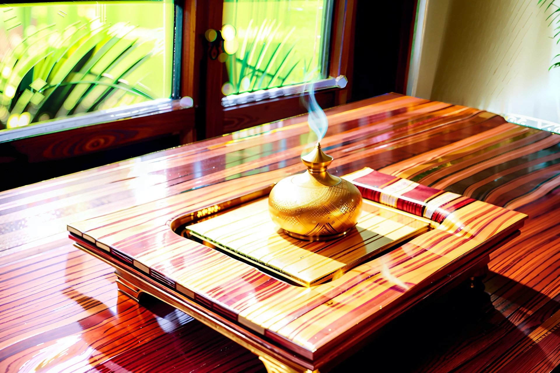 The golden incense burner is placed on the wooden tabletop