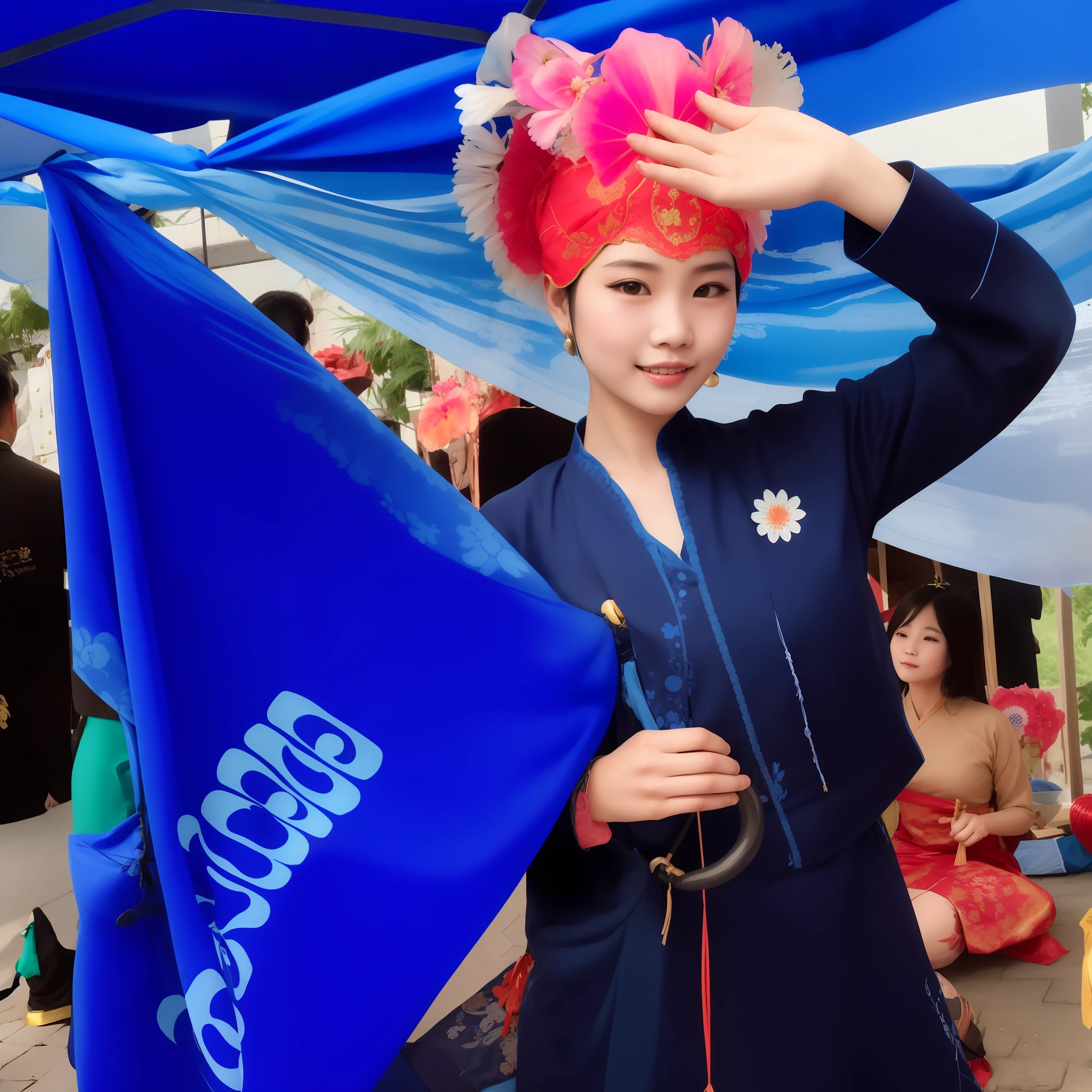 araffe woman in a blue dress holding a blue umbrella, traditional tai costume, in style of lam manh, vietnamese cute girl, dang my linh, wearing authentic attire, traditional dress, traditional, nivanh chanthara, traditional costume, traditional beauty, traditional clothes, tai costume, ao dai, traditional art, wearing traditional garb, wonderful masterpiece
