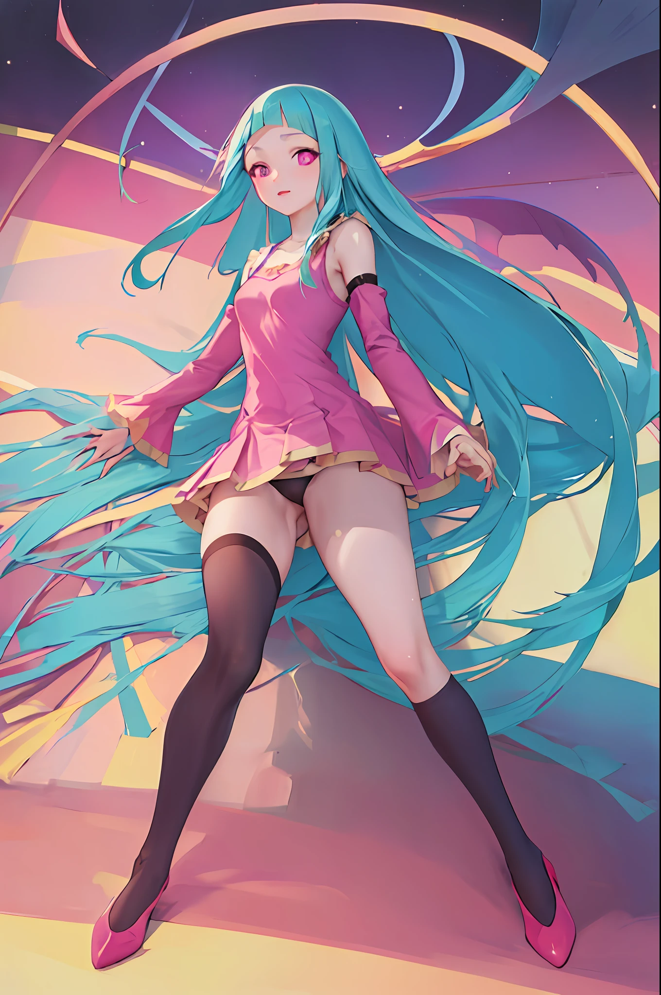 best quality, ultra detailed, beautiful face, perfect anatomy, 1girl, solo, mememe, long hair, aqua hair, blunt bangs, pink eyes, short pink dress, purple sleeves, purple tights, white background, black panties, full body,