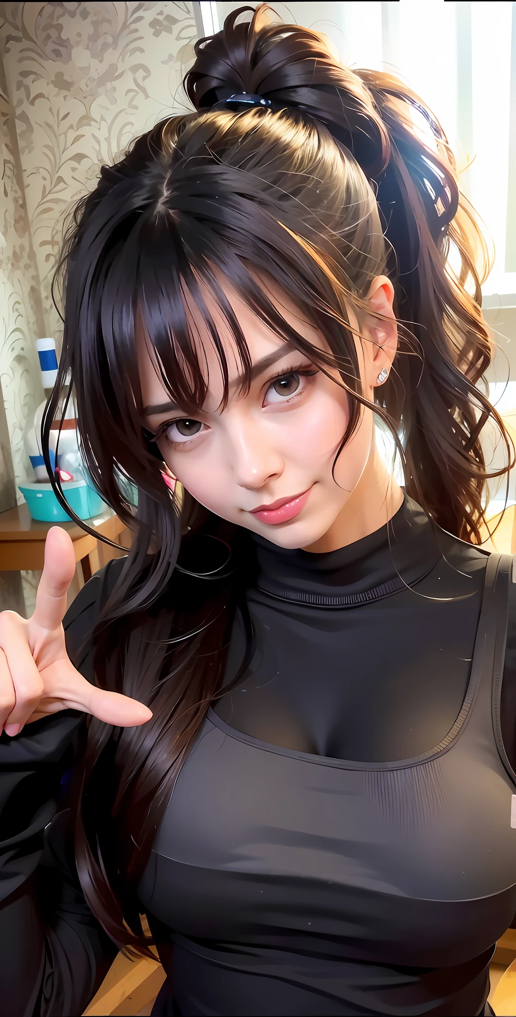 (8k:1.27), best quality, masterpiece, ultra highres:1.2) (RAW photo:1.2), (photorealistic:1.4),(masterpiece:1.3),(best quality:1.4), (ultra high res),(HDR),(8k resolution), dreamlike,
iphone 14 pro max, professional lighting, instagram, bangs,
(detailed eyes),(detailed facial features),(detailed clothes features),
indoor, blank room, bright room, night time,
upper body, 1 girl, solo focus, (slender girl), brown hair, brown eyes, ponytail, big breasts,
(smile:1.2), looking at viewer,
large bouncing breast, cleavage, black dress