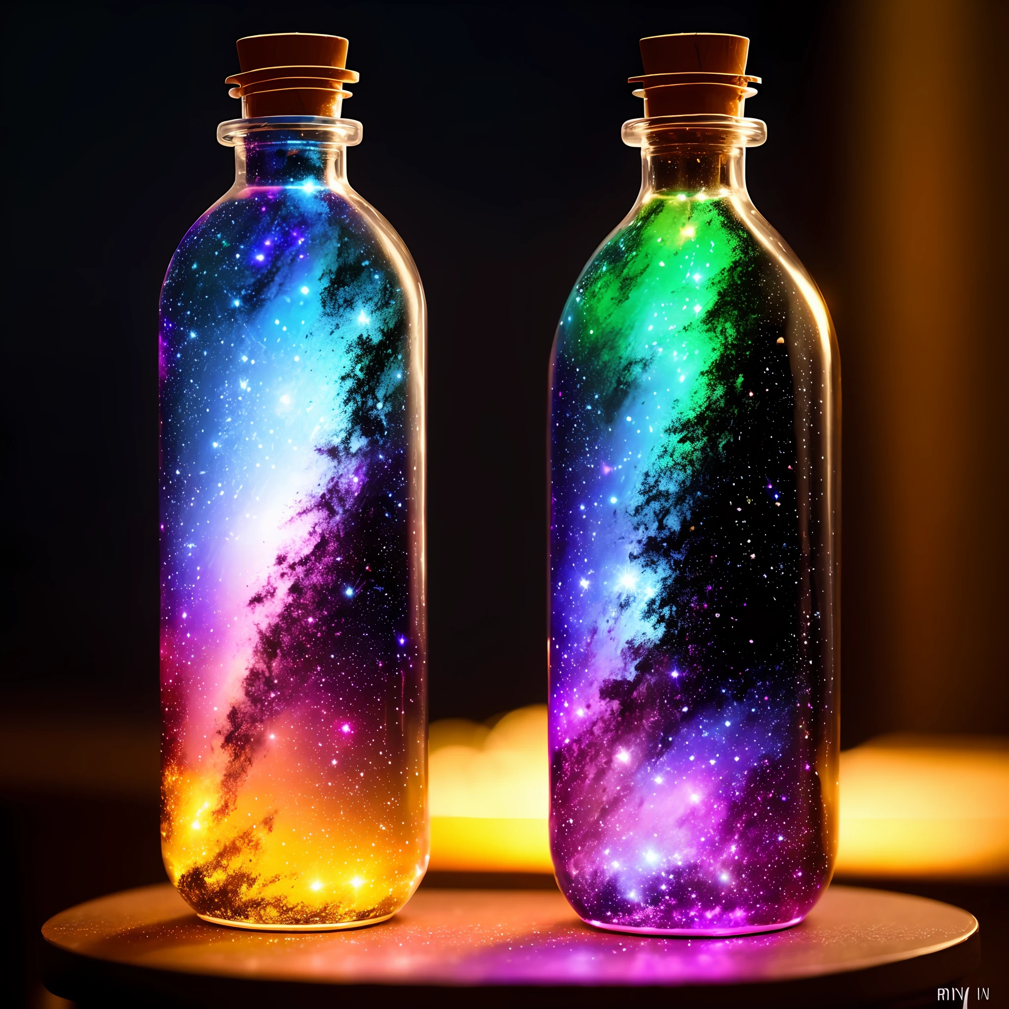 galaxy, bottle on table, a hummingbird kissing the bottle (intricate details:1.22), hdr, (intricate details, hyperdetailed:1.2), whole body, cinematic, intense, cinematic composition, cinematic lighting, (rim lighting:1.3), color grading, focused,