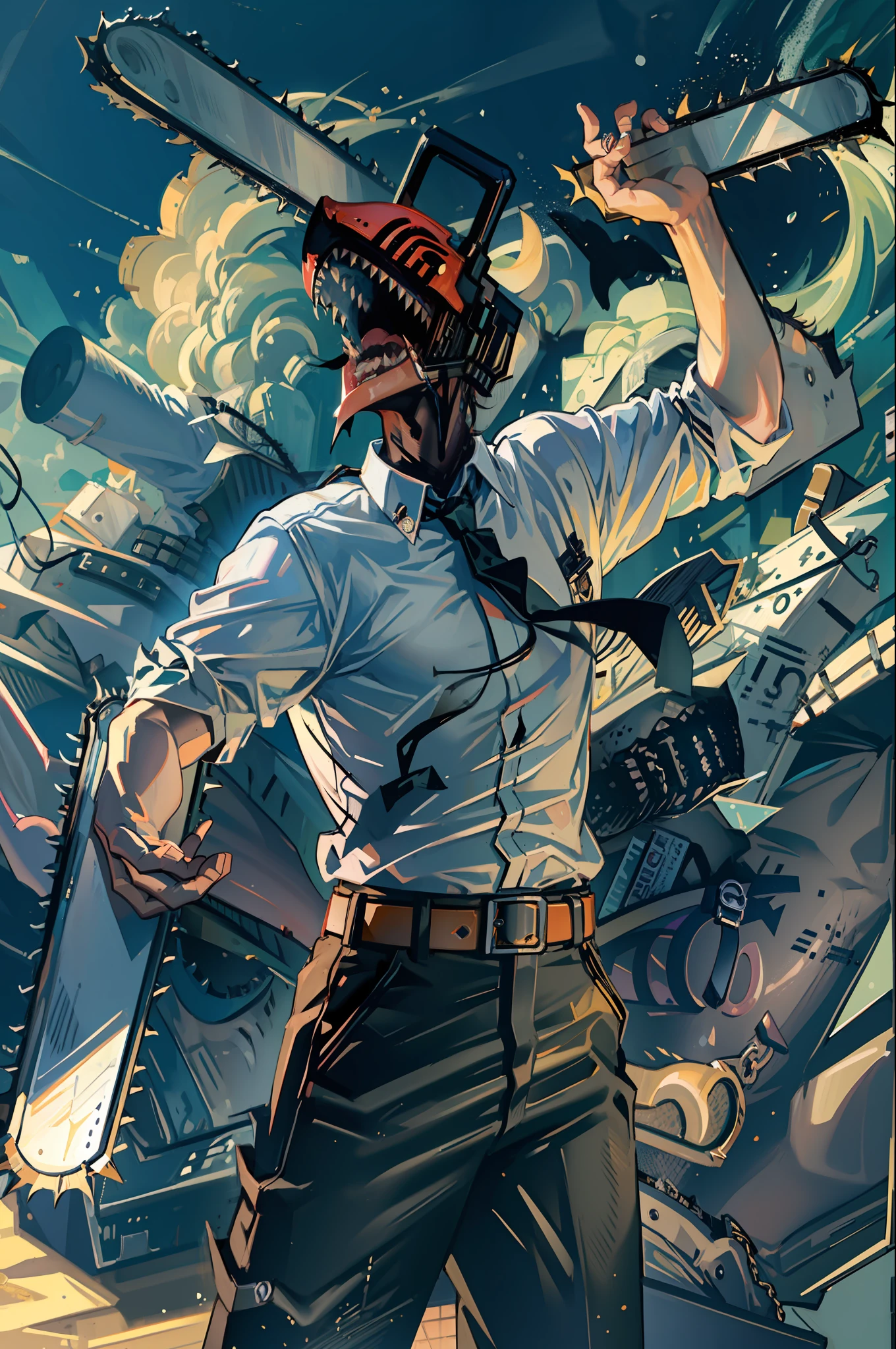 (masterpiece, best quality:1.2), cowboy shot, solo, male focus, 1boy, chainsaw man, chainsaw, sharp teeth, open mouth, tongue, collared shirt, black necktie, sleeves rolled up, black pants, belt