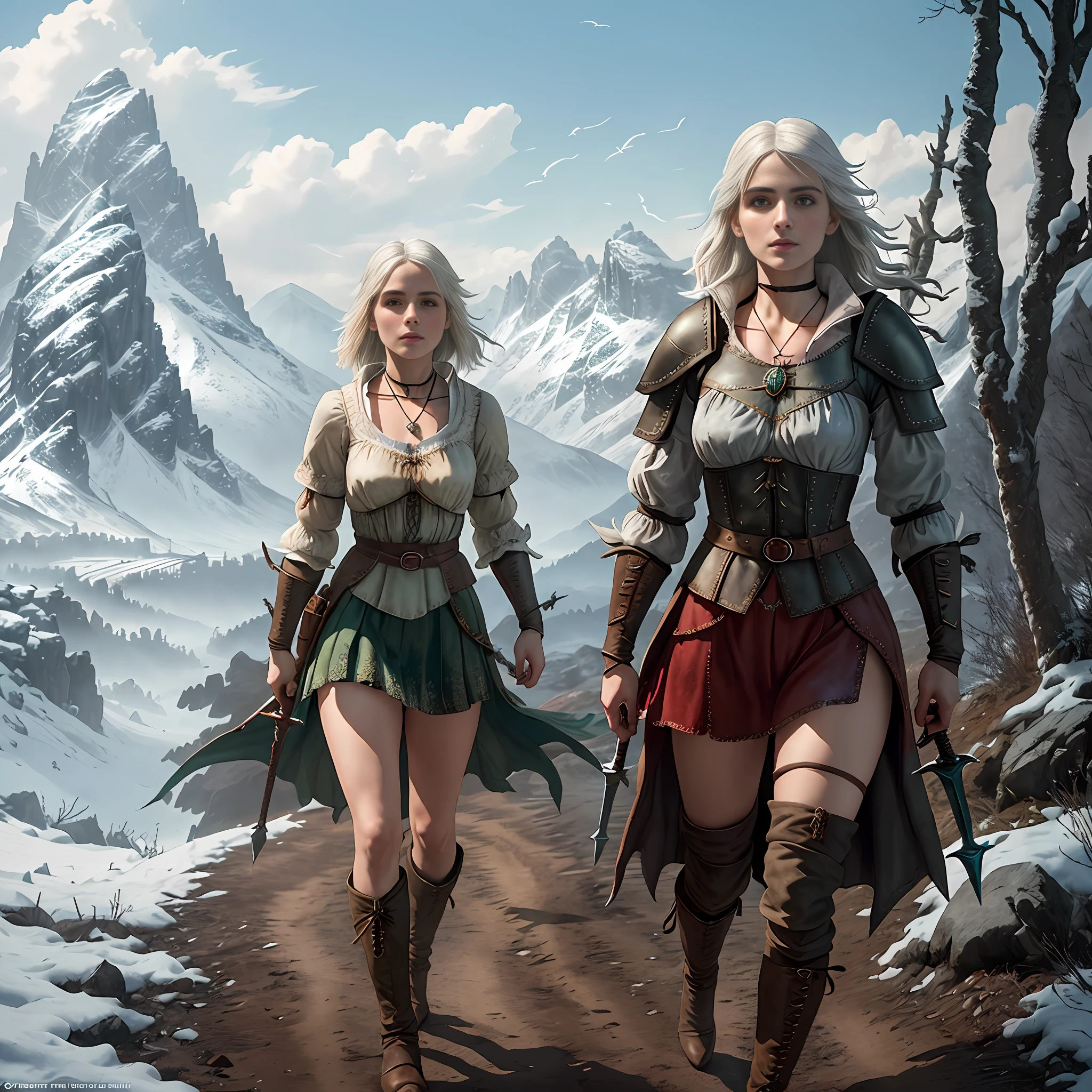 The Witcher 3, Skellige, (Ciri:1.3), Witch, elegant, pretty, beautiful, cute, epic character composition, (confident), sharp focus, natural lighting, subsurface scattering, barely covered, (petite:1.2), (small breasts), magical, shadowed and large green eyes, bright, luminous, detailed shadow, detailed nose, leather choker, (beautiful face), seductive, dynamic pose, full body view. (white top), covered by a brown leather Witcher armor, sword on belt, amulet, sunshine, cold, icy, (Girlish:1.2), windy hair