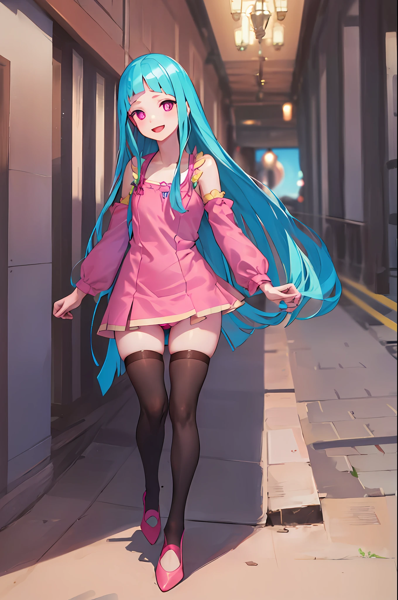 best quality, ultra detailed, beautiful face, perfect anatomy, 1girl, solo, mememe, long hair, aqua hair, blunt bangs, pink eyes, short pink dress, purple sleeves, purple tights, black panties, full body, walking in public , smiling