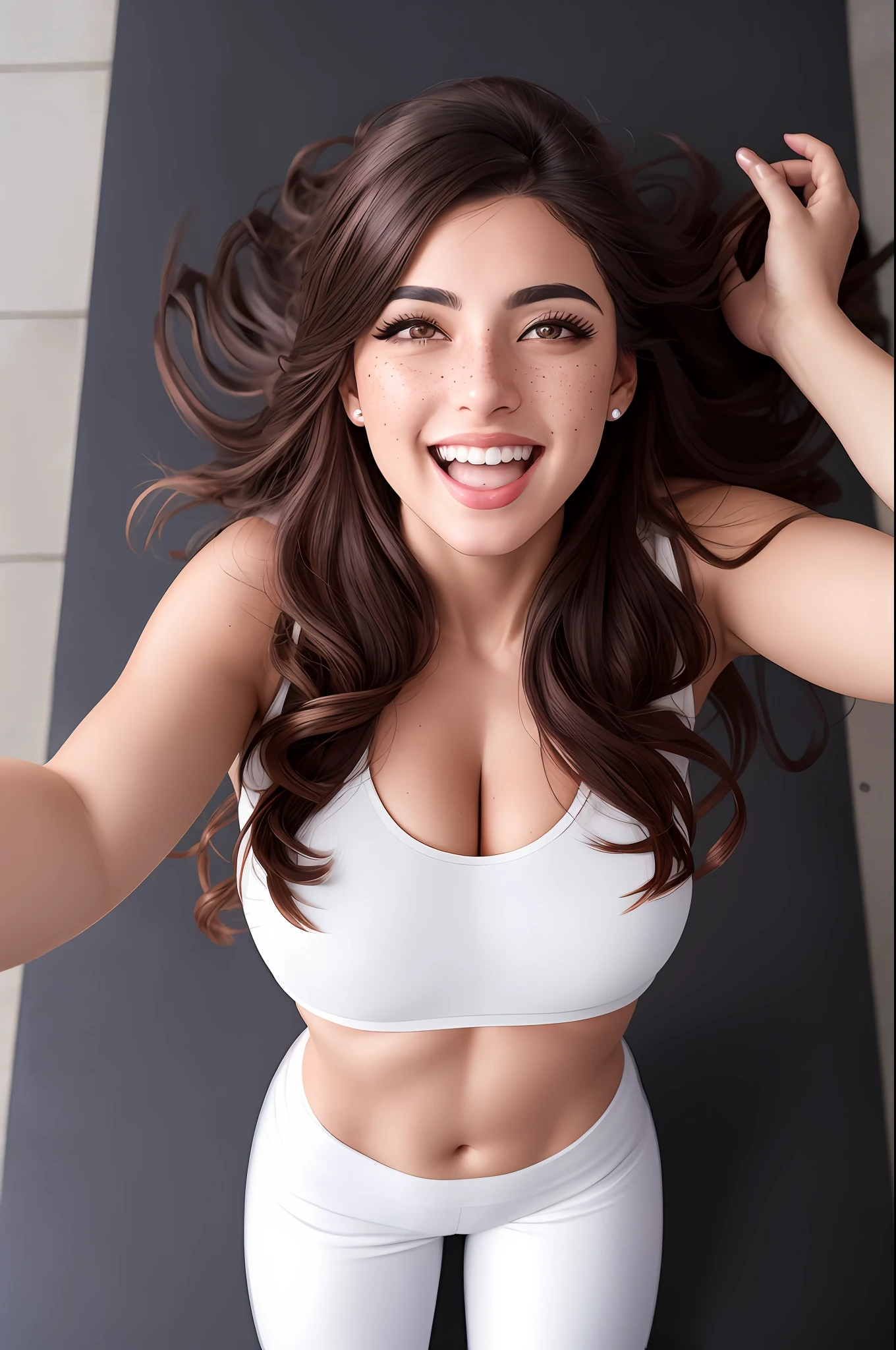 Turkish Brunette woman in jacket, tight long white crop top, laughing, black pants, dramatic lighting, highest quality, red eyes, evil, Cinematic lighting, hands raised, standing over city, (((top view))), perfect face, looking at viewer, detailed background, (detailed skin), [freckles], natural lighting, (direct light:0.4), 8mm film grain, photographed on a Sony a9 II, 24mm lens, F/2.8 aperture, deep focus, (RAW), 8k