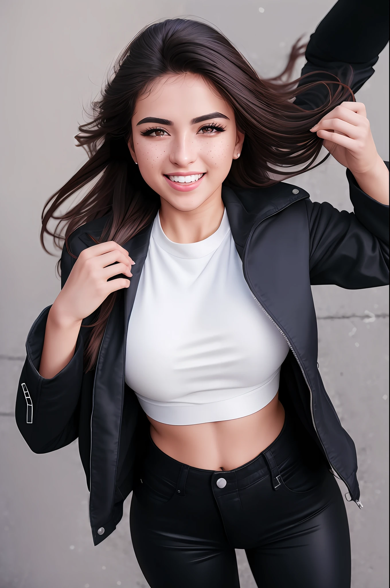 Turkish Brunette woman in (((jacket))), tight long white crop top, laughing, black pants, dramatic lighting, highest quality, red eyes, evil, Cinematic lighting, hands raised, standing over city, (((top view))), perfect face, looking at viewer, detailed background, (detailed skin), [freckles], natural lighting, (direct light:0.4), 8mm film grain, photographed on a Sony a9 II, 24mm lens, F/2.8 aperture, deep focus, (RAW), 8k