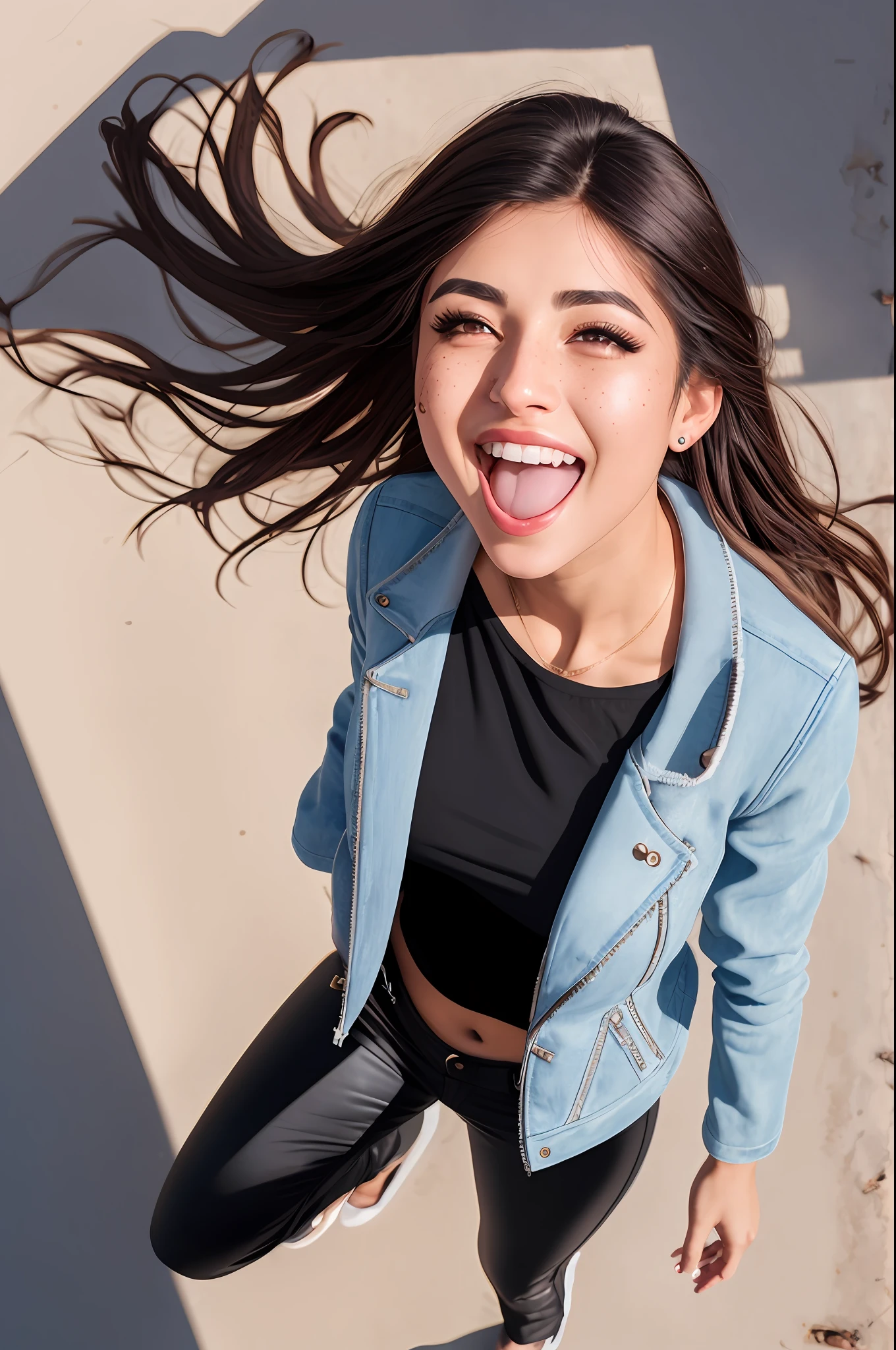 Turkish Brunette woman in (((jacket))), tight long white crop top, laughing, black pants, dramatic lighting, highest quality, red eyes, evil, Cinematic lighting, hands raised, standing over city, (((top view))), perfect face, looking at viewer, detailed background, (detailed skin), [freckles], natural lighting, (direct light:0.4), 8mm film grain, photographed on a Sony a9 II, 24mm lens, F/2.8 aperture, deep focus, (RAW), 8k