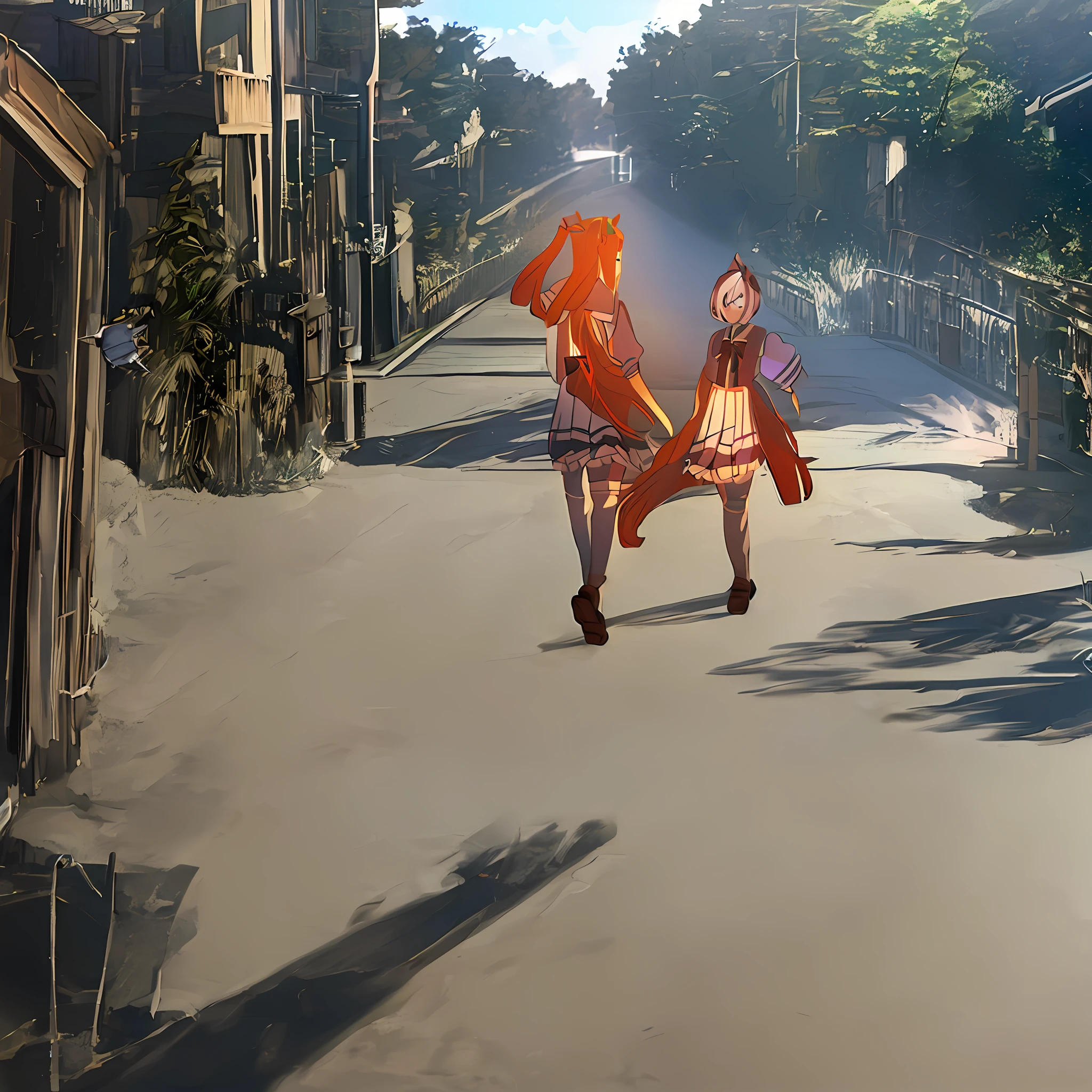 (Silence Suzuka, Special Week, Uniform) Going to school. fan art; cinematic angle, (2 girls: 1.3), walking side by side, sunny weather