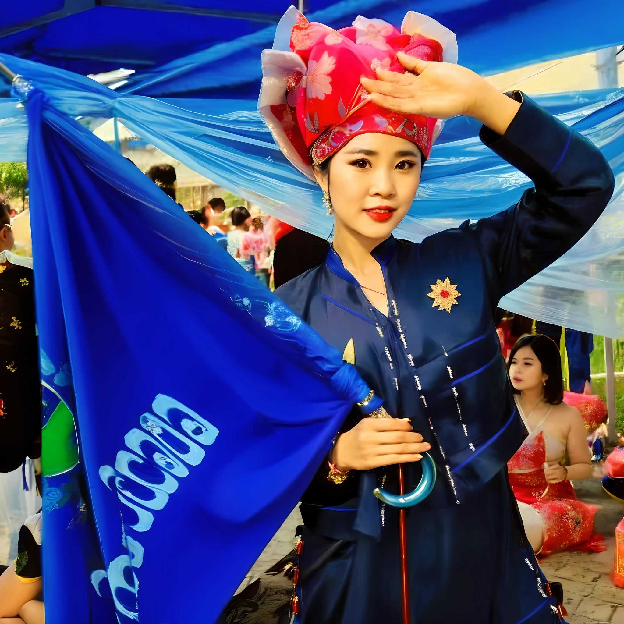 araffe woman in a blue dress holding a blue umbrella, traditional tai costume, in style of lam manh, vietnamese woman, dang my linh, wearing authentic attire, traditional dress, traditional, nivanh chanthara, traditional costume, traditional beauty, traditional clothes, tai costume, ao dai, traditional art, wearing traditional garb, wonderful masterpiece