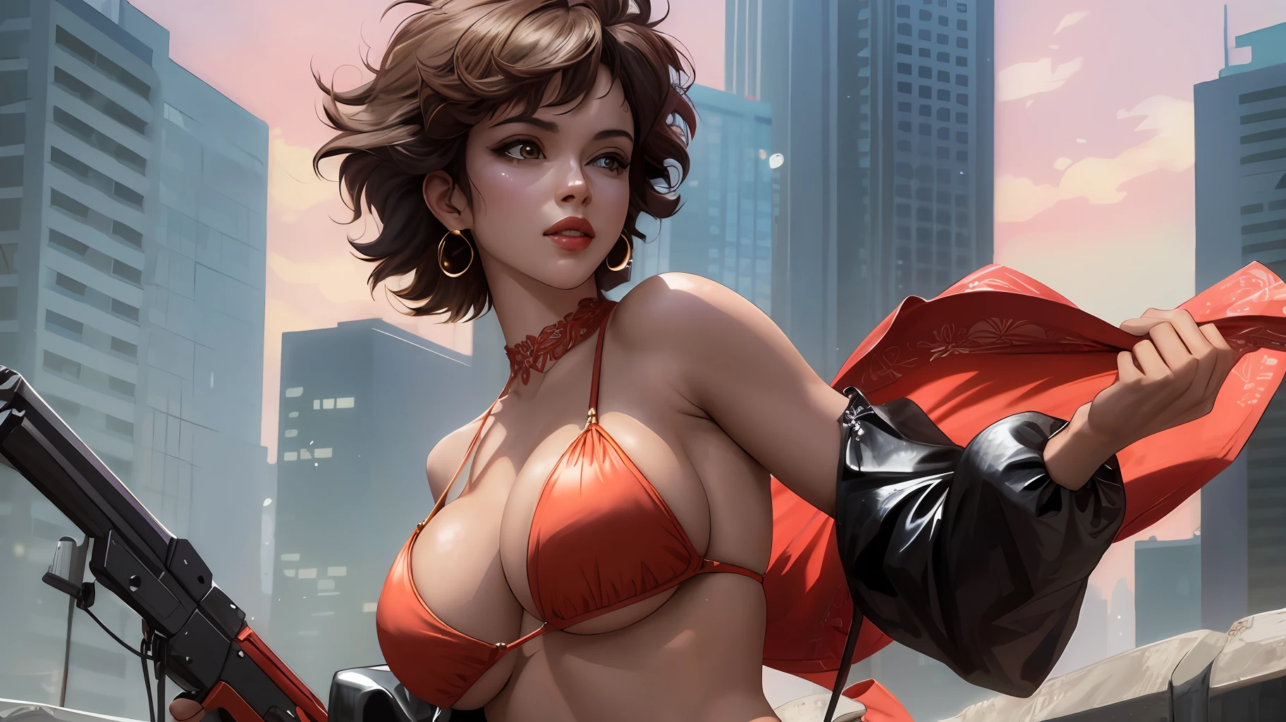 (masterpiece: 1.2, best quality), (fae, cowboy bebop) realistic, retro, (real image, intricate details, depth of field), (1girl, solo), makeup, parted lips, very detailed, face perfect, cleavage, sheer, erect, nsfw, (huge boobs: 1.1), (skindentation), thick thighs, wide hips, small waist, big shiny coral lips, micro bikini, string bikini, mini skirt,