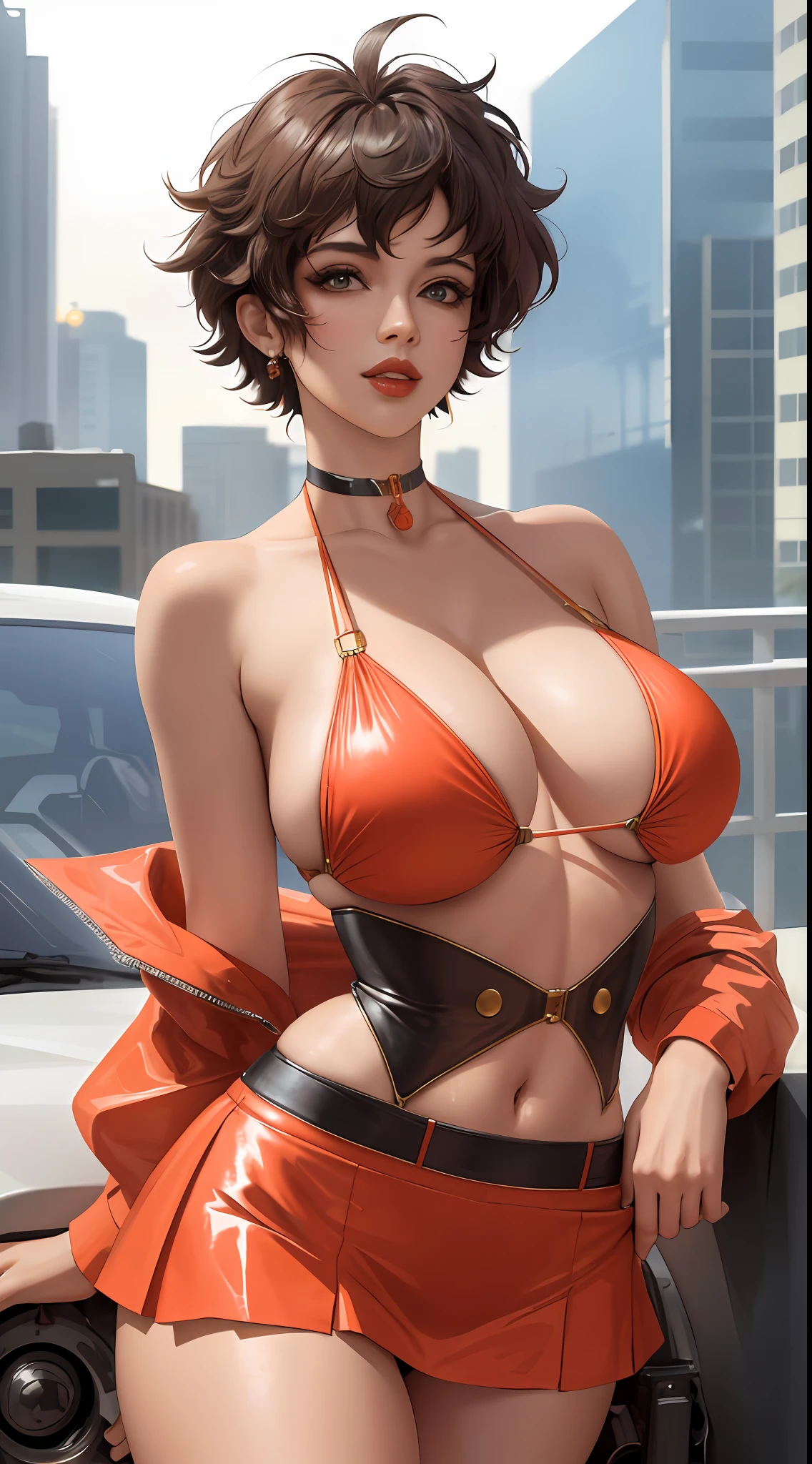 (masterpiece: 1.2, best quality), (fae, cowboy bebop) realistic, retro futurist, cyberpunk, space, (real image, intricate details, depth of field), (1girl, solo), makeup, lips parted, highly detailed, perfect face, cleavage, see-through, erect, nsfw, (huge boobs: 1.1), (skindentation), thick thighs, wide hips, small waist, big shiny coral lips, micro bikini, string bikini, mini skirt,