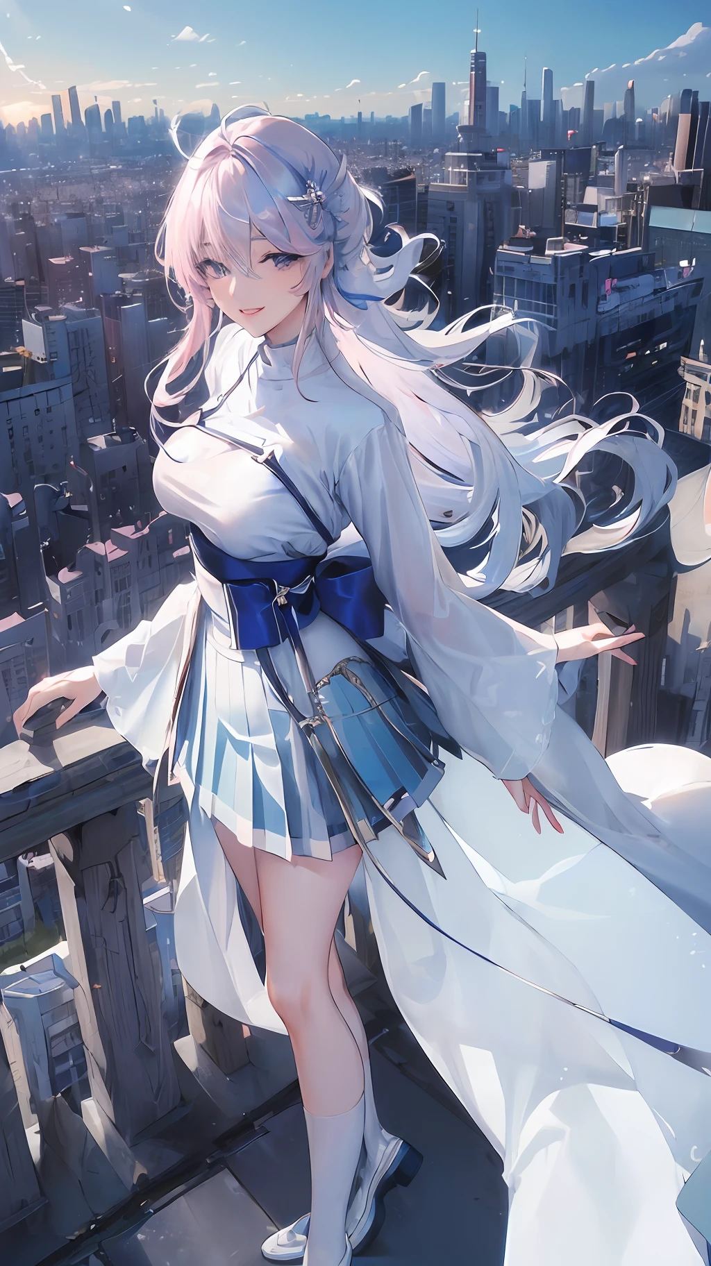 official art, masterpiece, sharp focus, (beautiful gorgeous cute Korean woman:1.3), (beautiful cute korean:1.3), korean beauty, Delicate and beautiful hair and eyes and face, realistic, ultra detailed, beautiful girl, blue sky, glow white particle, (sidelighting:1.2), sun light, white cloud, detailed clouds, slender, Lovely very large breasts and very large hips, smile with teeth, ((smile with eyes, open both eyes)), scenery, long straight hair, sexy facial expression, building, (cityscape:1.7), dynamic hair, long straight hair, detailed platinum pink hair, glow blue eyes, (blue pleated shirts + white skirt), white long socks, pale skin, hair ornament, epic scenery,