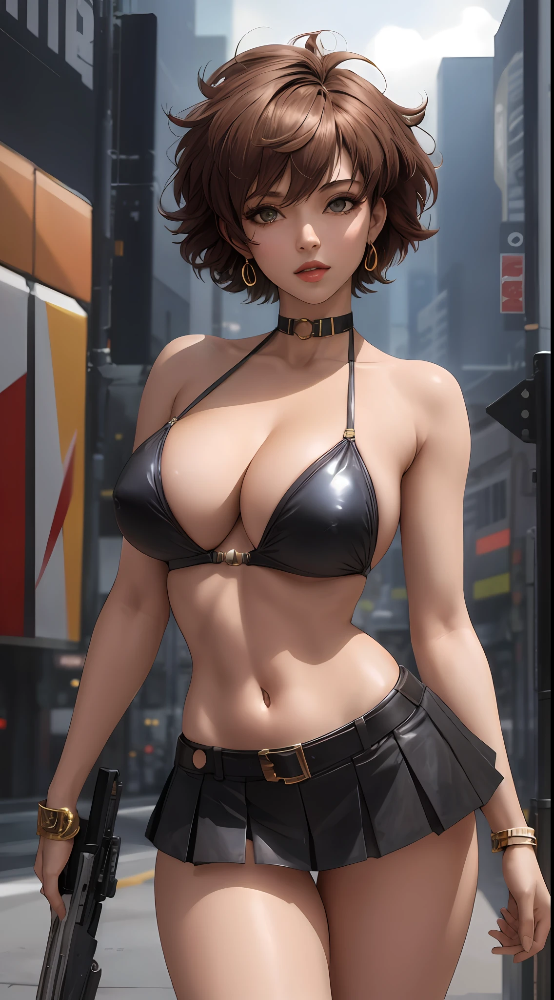 (masterpiece: 1.2, best quality), (fae, cowboy bebop) realistic, retro futurist, cyberpunk, space,, (real image, intricate details, depth of field), (1girl, solo), makeup, lips parted, highly detailed, perfect face, cleavage, transparent, nsfw, (huge boobs: 1.1), (skindentation), thick thighs, wide hips, small waist, micro bikini, string bikini, mini skirt,