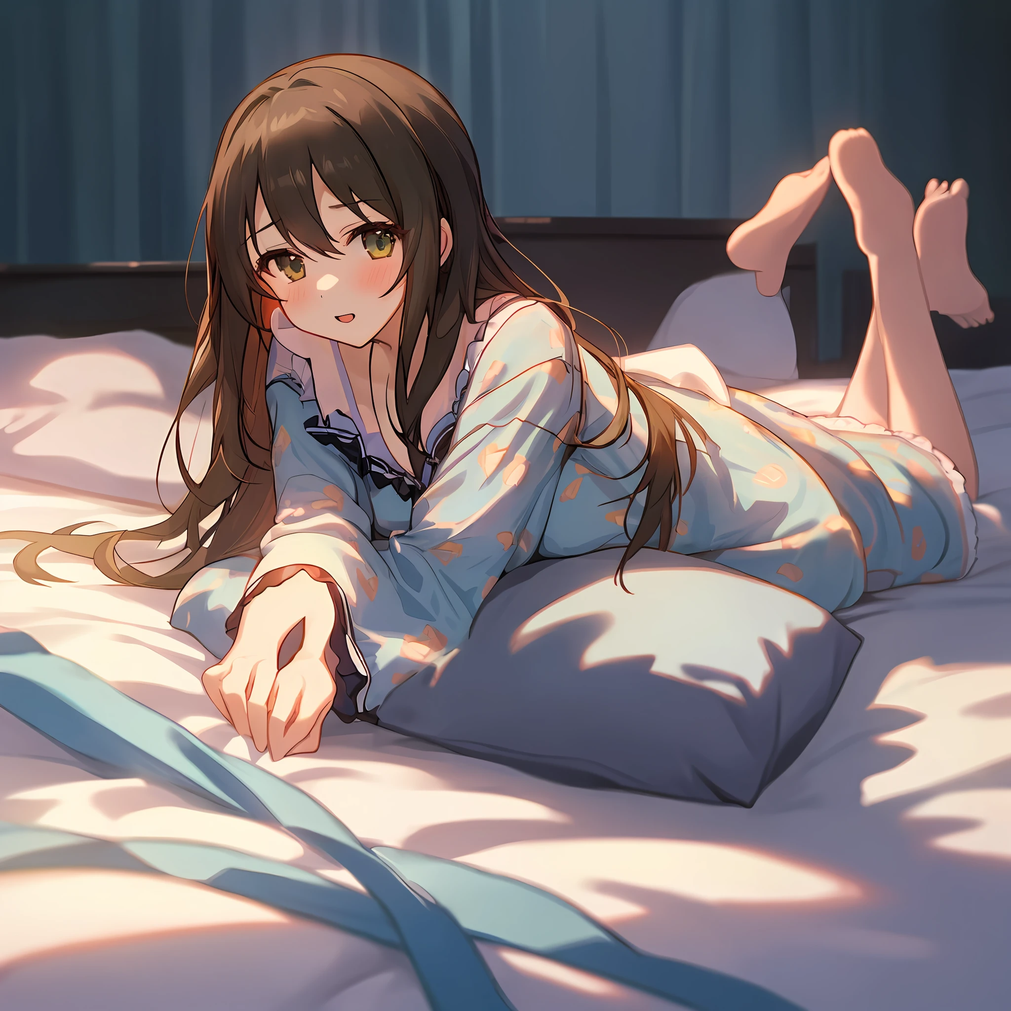 1 girl, on bed, sprawled, Shibuya Rin (Cinderella Girls), solo, pajamas, viewer