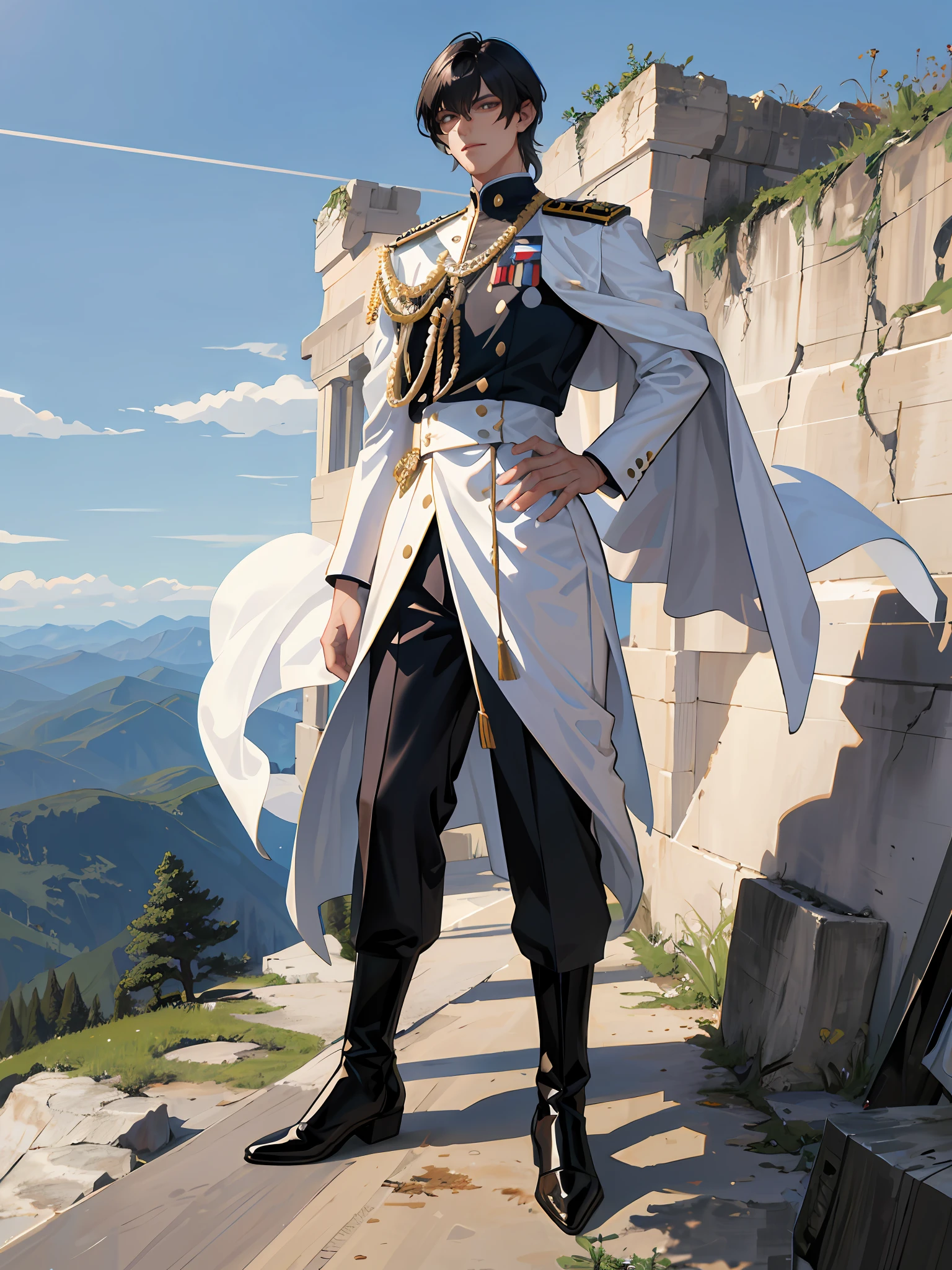 (highest resolution, distinct_image) superb, masterpiece, high detail, semi realistic, a very beautiful man, solo, handsome stance, short black hair, 18 years old, young, tall and strong, white and red uniform, long pants, flat heel military boots , military uniform, military school, confident, serious, cold, proud, standing on a cliff, overlooking