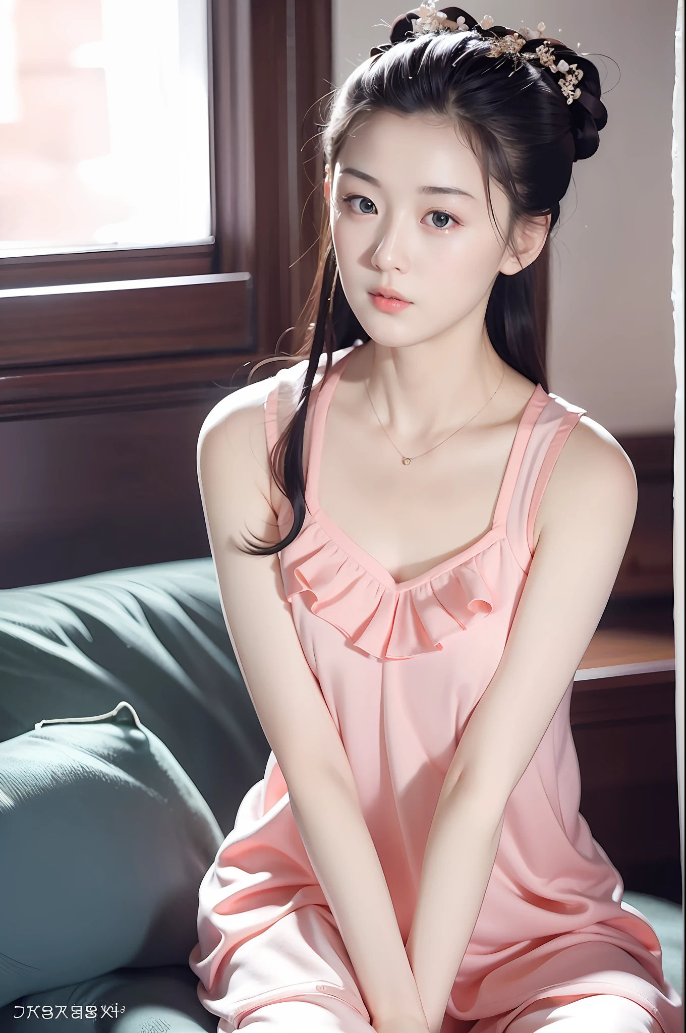 Wearing sexy pajamas, graceful figure, coquettish, study room, sofa, random enchanting movements, facing the camera, imaginative, first love
