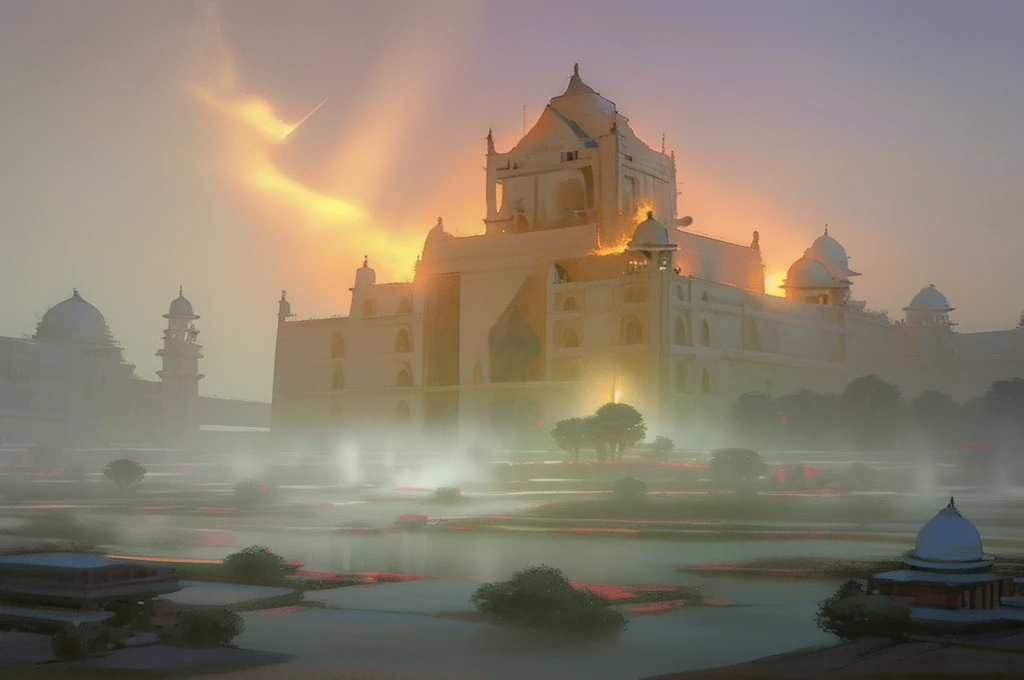"Beautiful masterpiece of Taj Mahal being visited by curious aliens, featuring crisp and ultra-detailed CG quality, floating in dreamy atmosphere, capturing dynamic angle of the intricate architecture and glamorous dome, with best illumination and shadow effects. Plus, an extra touch of ambiguity as if two worlds have collided, emitting overwhelming white light over the scene. Let your imagination soar with this stunning rendition of an unforgettable sight!"