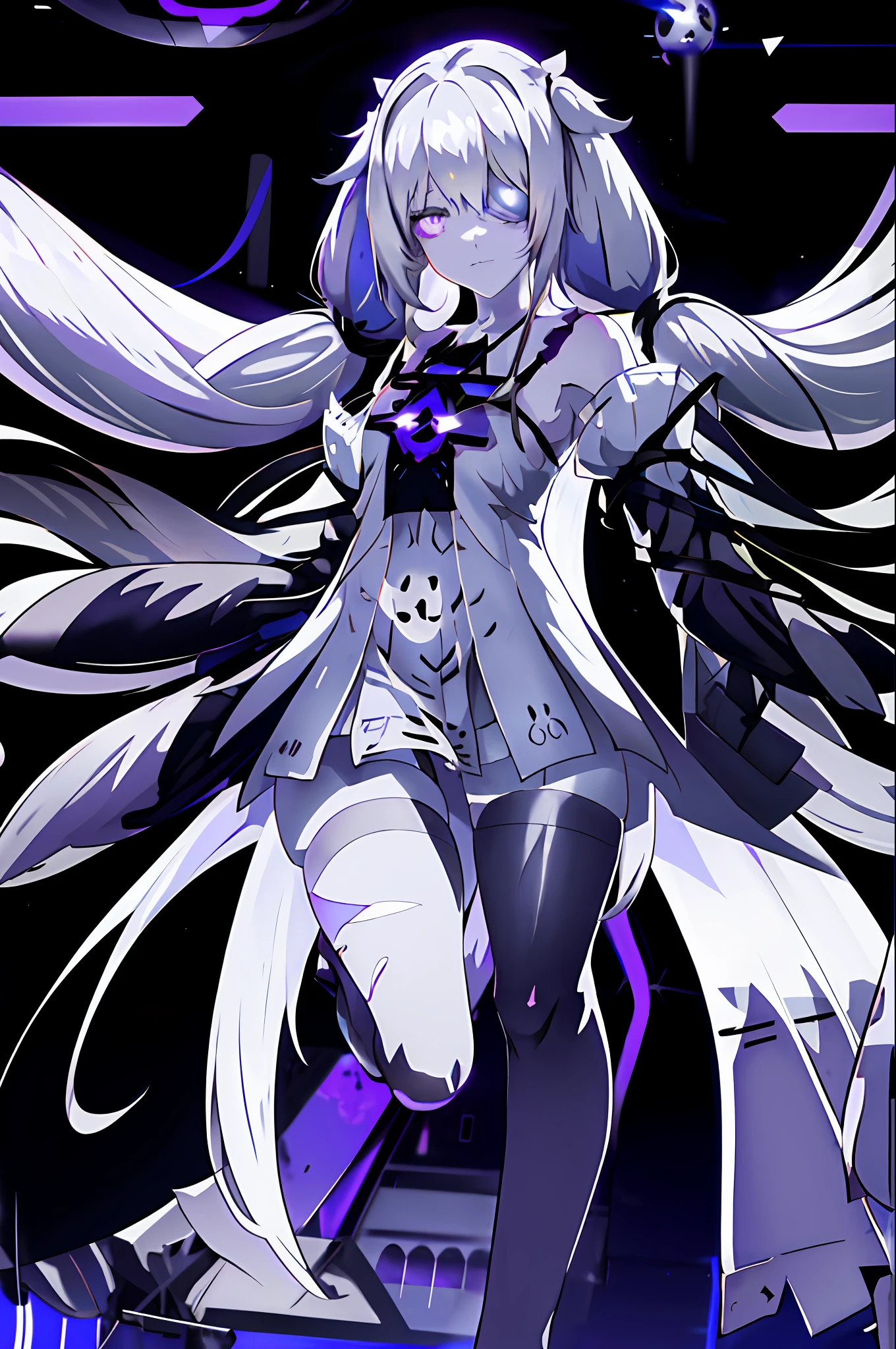 anime girl with long white hair and black dress standing in front of a purple light, best anime 4k konachan wallpaper, nightcore, zerochan art, silver eyes full body, ultra hd anime wallpaper, with glowing eyes, ufotable art style, from arknights, white haired deity, twintails white_gloves, 2b, 2 b