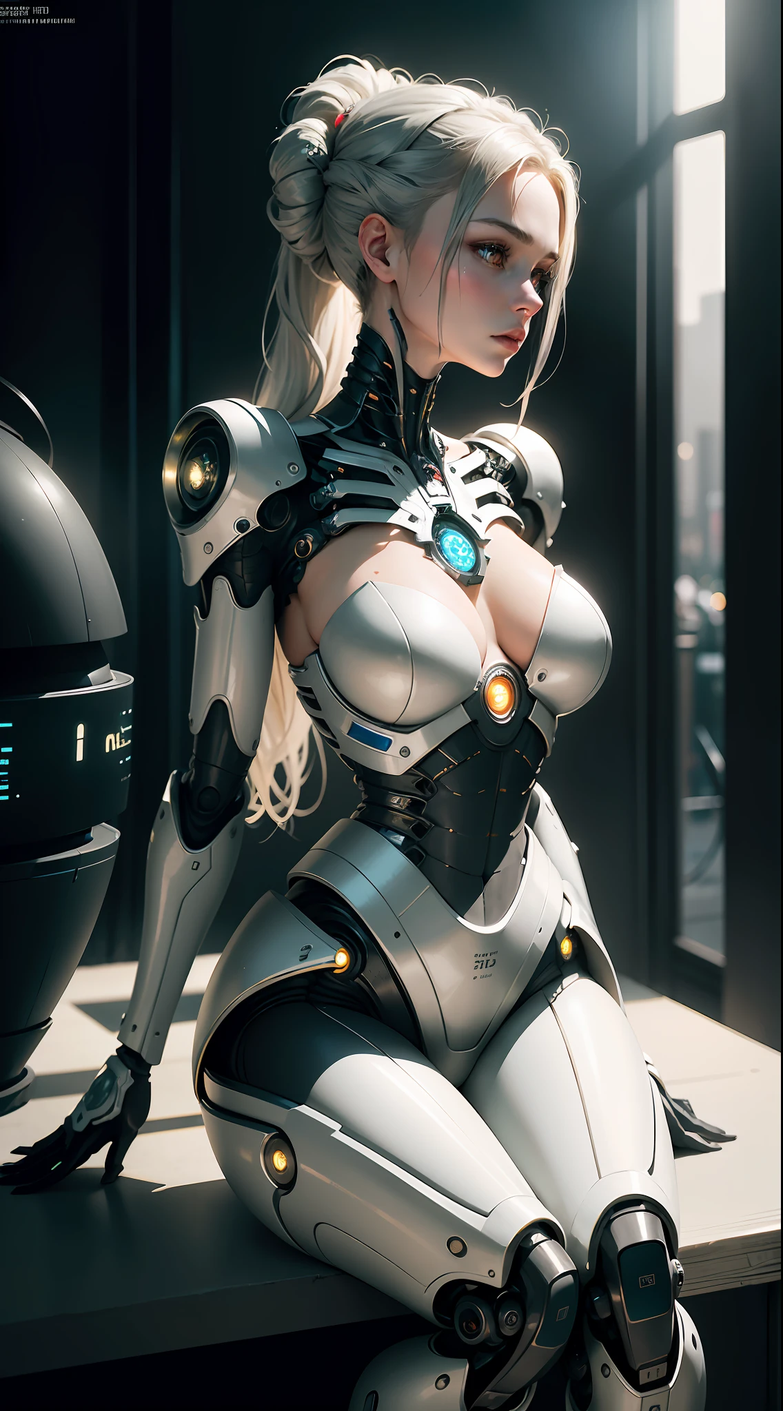 complex 3d render ultra detailed of a beautiful porcelain profile woman android face, cyborg, robotic parts, 150 mm, beautiful studio soft light, rim light, vibrant details, luxurious cyberpunk, lace, hyperrealistic, anatomical, facial muscles, cable electric wires, microchip, elegant, beautiful background, octane render, H. R. Giger style, 8k, best quality, masterpiece, illustration, an extremely delicate and beautiful, extremely detailed ,CG ,unity ,wallpaper, (realistic, photo-realistic:1.37),Amazing, finely detail, masterpiece,best quality,official art, extremely detailed CG unity 8k wallpaper, absurdres, incredibly absurdres, robot, silver halmet, full body, sitting