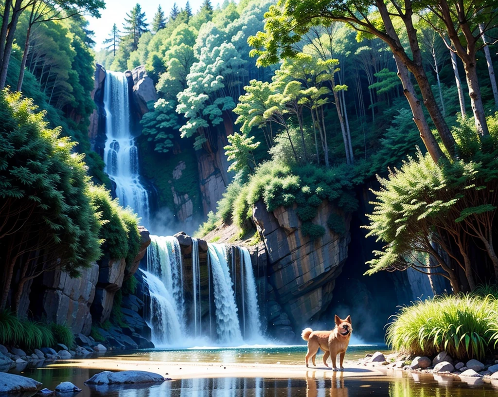 [extremely detailed CG unity 8k wallpaper, masterpiece, best quality, ultra-detailed], high saturation, [forest, depth of field, volumetric light, water splashes, wind], (a dog playing in a waterfall in the background of the forest), [fur and texture:0.8, playful:0.9, joy:0.9], [young animal, happy, motion:0.9], (Portuguese language prompt: "UM CACHORRO BRINCANDO EM UMA CAICHOIRA NO FUNDO DA FLORESTA").