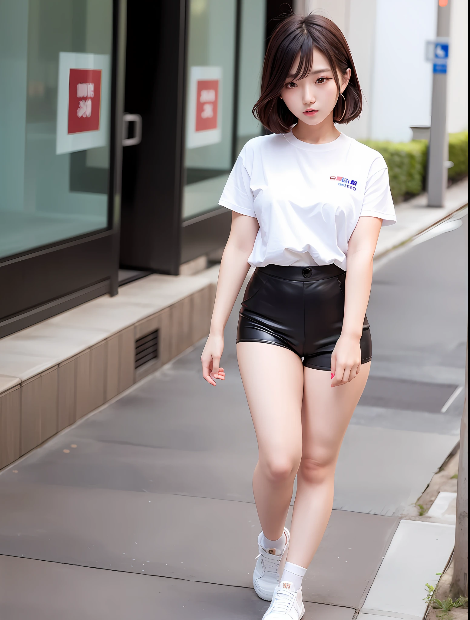 4k, UHD, K-pop girl Korean girl 1, viewer view, beautiful face, top 1% pro beauty, natural hairstyle, matching skin shiny texture, matching skin color, matching feeling, natural clothes, shirt, slacks, shorts, stockings,