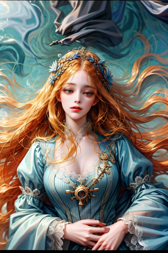 (absurdres, highres, ultra detailed), 1girl, solo, mature, (long hair), Baroque, dress, long sleeve, elegant, holy, colorful, highest detailed, portrait, close up, underwater, floating hair, flower