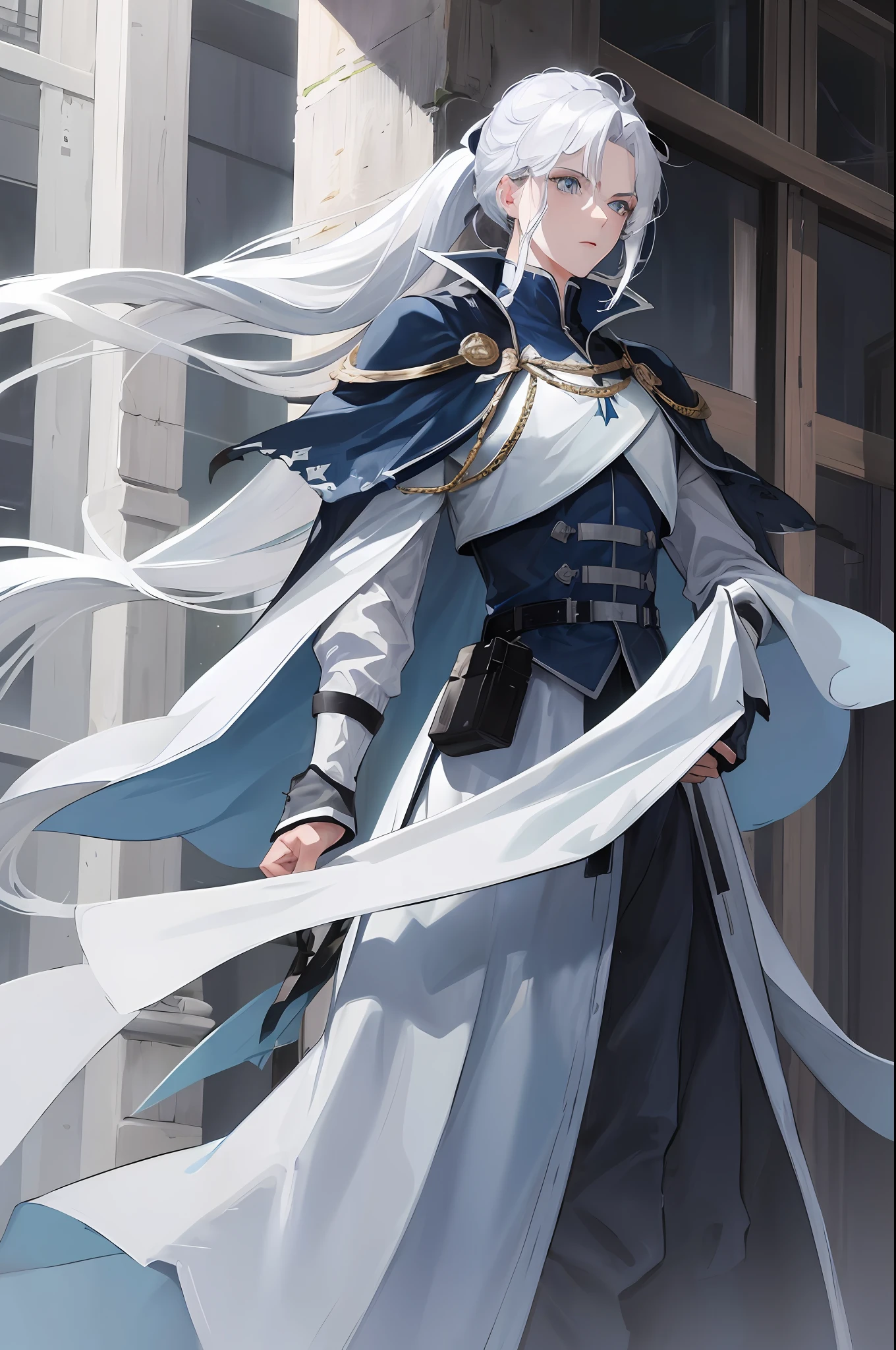 Masterpiece Best 1 Female Elderly Militarism White Hair Gray Blue Eyes Forked Long Hair Long Bangs High Ponytail Handsome Masculine Serious Gentle Tall Quiet Dark Clothes Gray Blue Clothes, Dark Blue Clothes, Fire Pattern, Outdoors, Cape