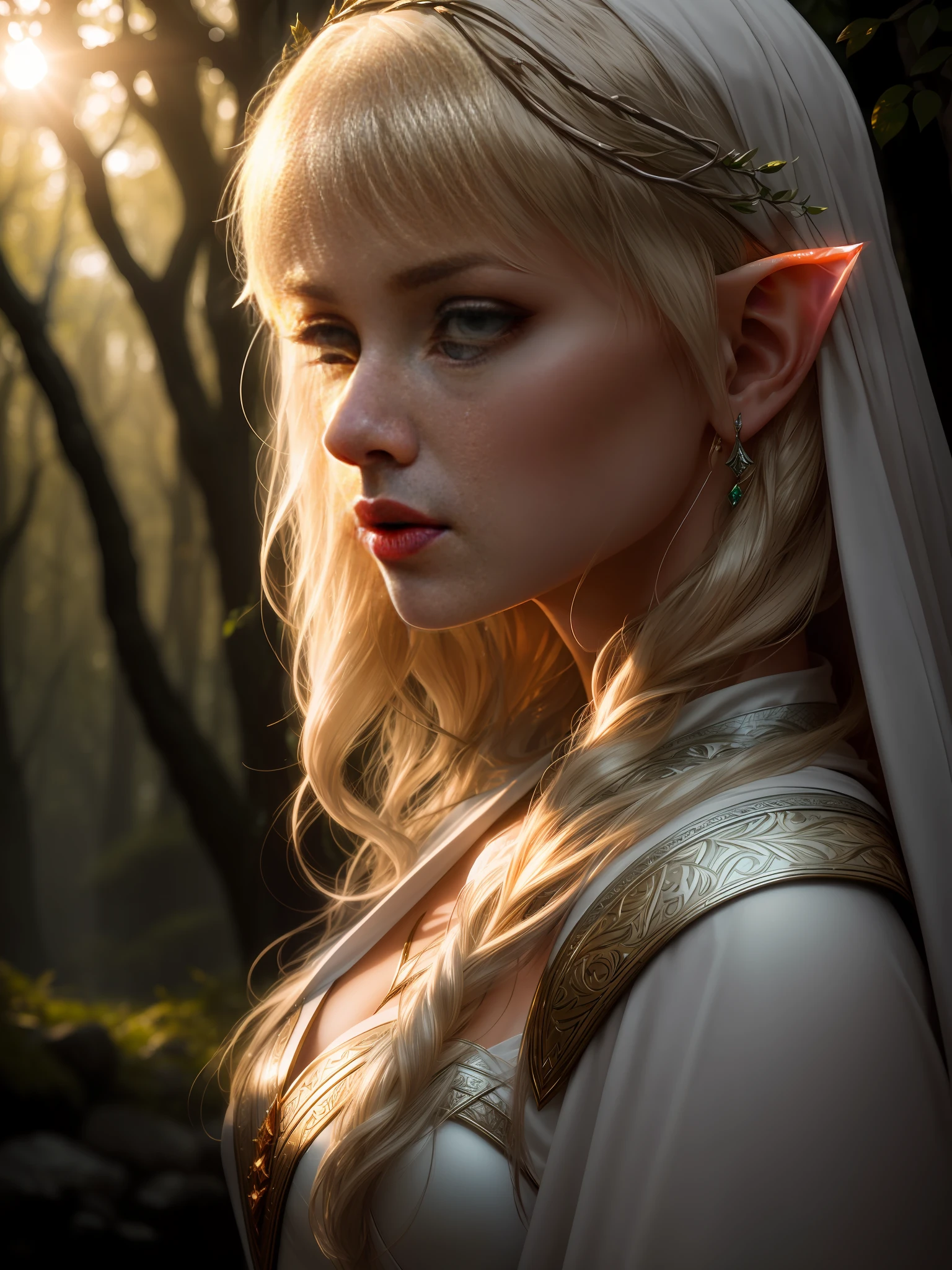 epic closeup photo portrait, amazing movie poster, A beautiful young woman elf, lord of the rings style, dressed in long brightnes white elf smooth cloth , placing the saber on his chest with a fierce face, by side a stream, natural light, a beautiful forest is visible through the branches, trending on artstation,professional photo studio, uhd, hi detailing, dramatic lighting, back light,best quality, high quality, highres, morning dew natural day lighting, studio lighting,detail enhancement, high resolution fix, depth of field, film.