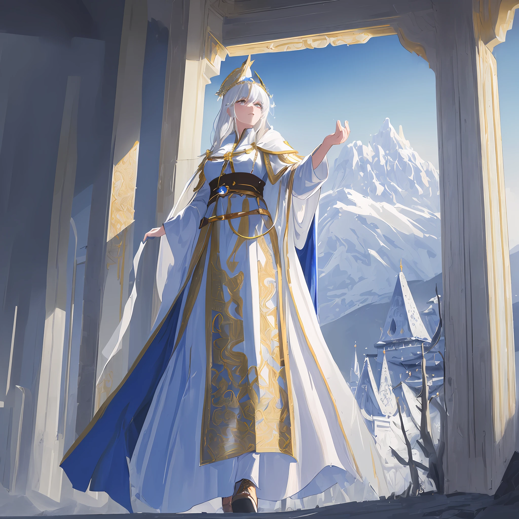 ((masterpiece)), ((best quality)), ((ultra-detailed)), illustration, a white-haired and golden-eyed woman dressed as a priestess, wearing a blue western classical dress, without any exposure, wearing White cloak facing the viewer, indifferent, mysterious, with tall magical mountains in the background, fantasy