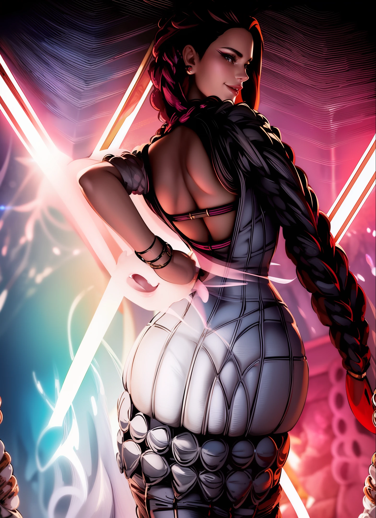 selfie photo of [meghan markle|koh_pokimane] as [cardib|Natalie Portman], ((from behind, looking back)) dark fantasy background, charming smile of Beeple and Ted Nasmith ultra realistic highly detailed intricate photorealistic style photography sharp focus in the eyes, cinematic lighting