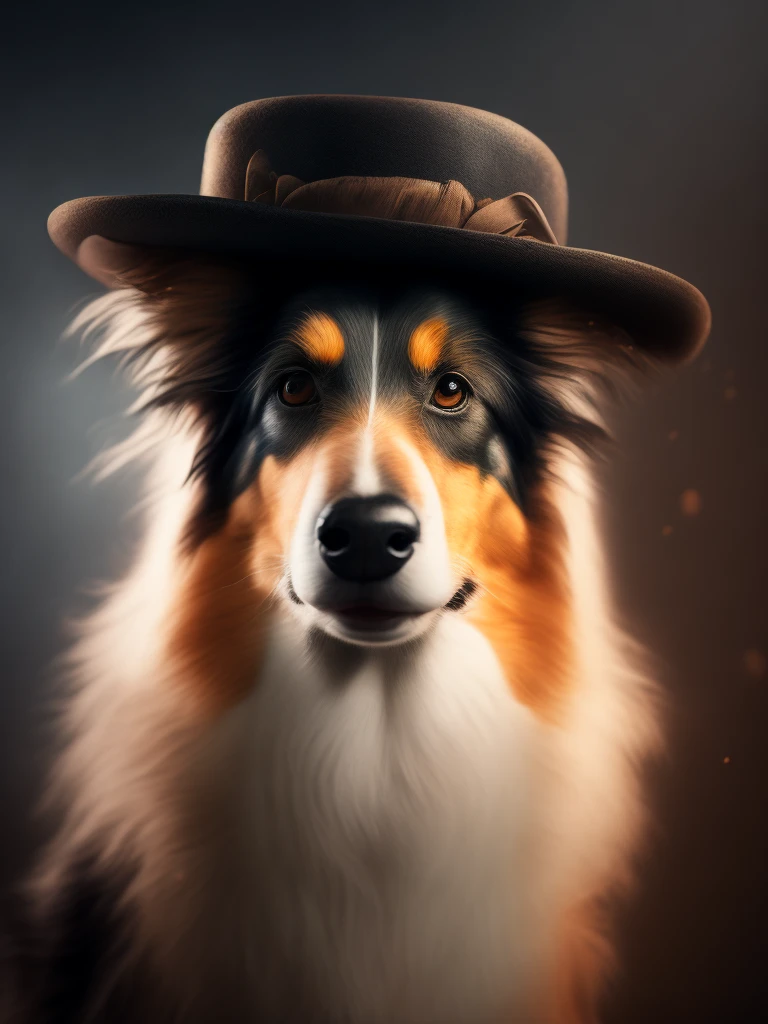 Portrait, cute collie in hat and glasses, low light, 8K, moody