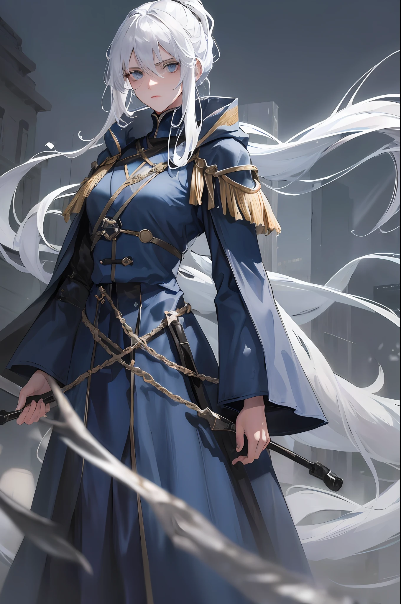 Masterpiece Best 1 Female Elderly Militarism White Hair Gray Blue Eyes Forked Long Hair Long Bangs High Ponytail Handsome Masculine Serious Gentle Tall Quiet Dark Clothes Gray Blue Clothes, Dark Blue Clothes, Fire Patterns, Outdoors, Cloak, Mysterious, Religious Elements