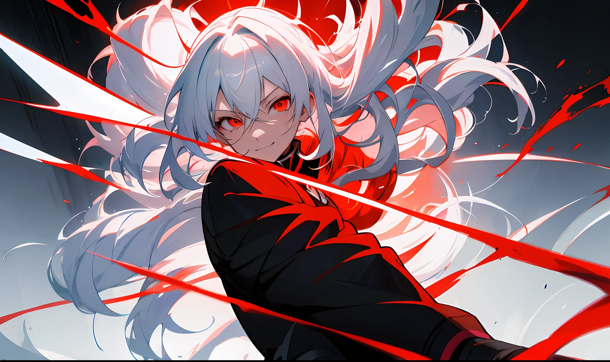 anime character with white hair and blue eyes in a dark room, an anime drawing by Shitao, pixiv contest winner, auto-destructive art, badass anime 8 k, best anime 4k konachan wallpaper, ufotable art style, with red glowing eyes, with glowing red eyes, white haired, evil smile and glowing eyes, anime style 4 k