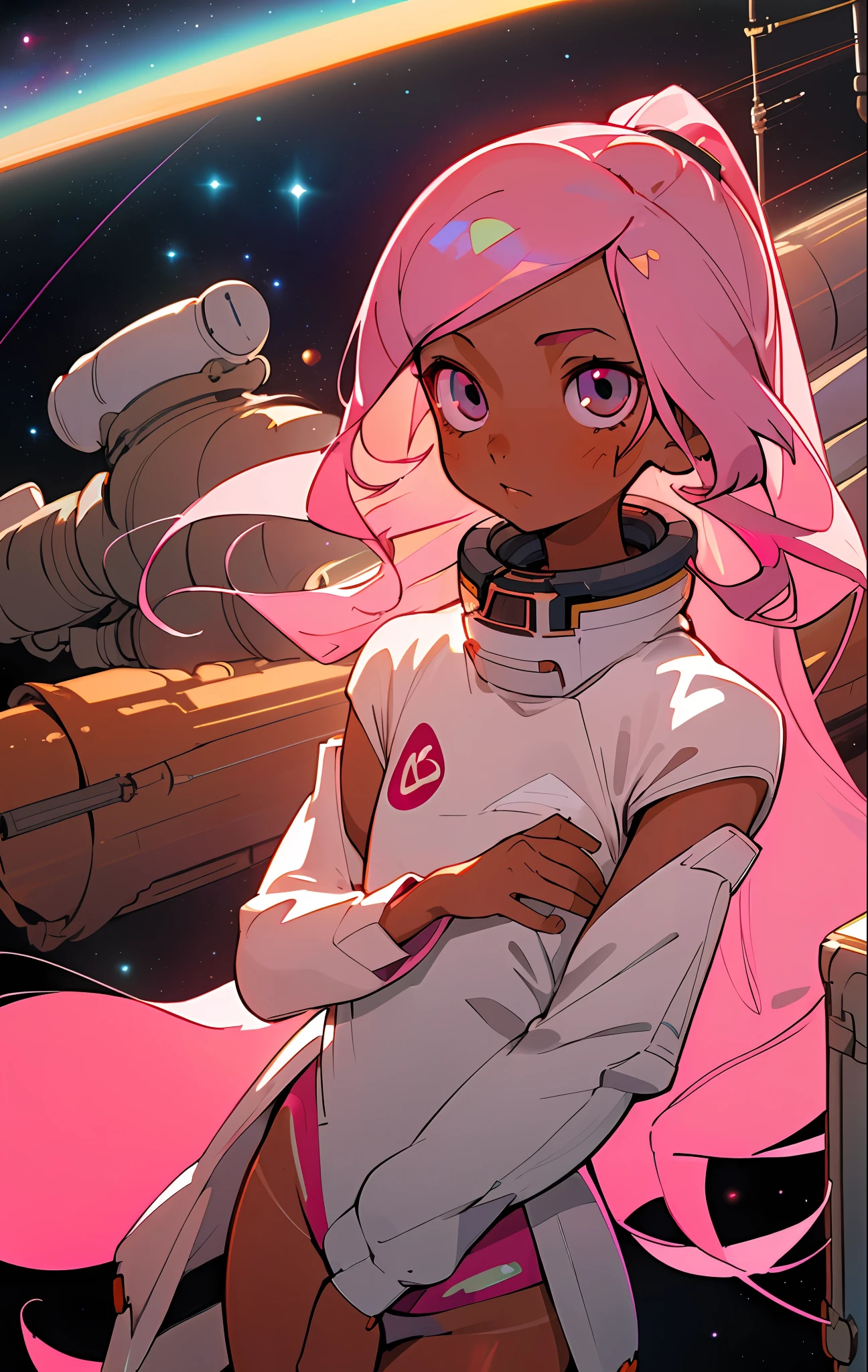 (best quality: 1.2), 1girl, (close up, tan skin, pink hair, very long hair, light eyes, okappa, flat_chest, space station)