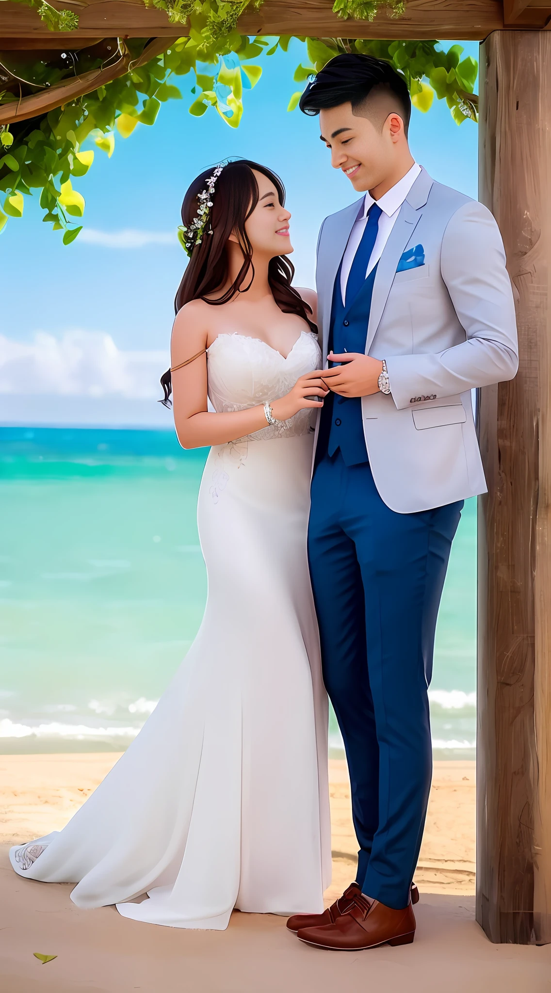 On this bright morning, a young couple walked on the beach holding hands, gradually moving away from the lively beach. Behind them is the endless sea, and the waves beat against the coastline softly, making a pleasant sound. And in front of them is a beautiful garden, full of fragrance, blooming flowers, gorgeous and colorful, like a moving oil painting, it is intoxicating. The girl leaned gently on the boy's shoulder, their eyes met, and their eyes were full of tenderness and love. The boy stretched out his other hand and stroked the girl's hair with his fingers. There was a happy smile on the girl's face. Their clothes are all white, and they look extraordinarily pure and tidy. People can't help but think of the looks of the new people at the wedding. At this time, the sun has risen, and the sun shines through the leaves and sprinkles pieces of gold, illuminating the couple. Bright smiles bloomed on their lips, as if everything became more beautiful at this moment. This is a moment of extraordinary significance, leaving a deep impression and making people involuntarily intoxicated.