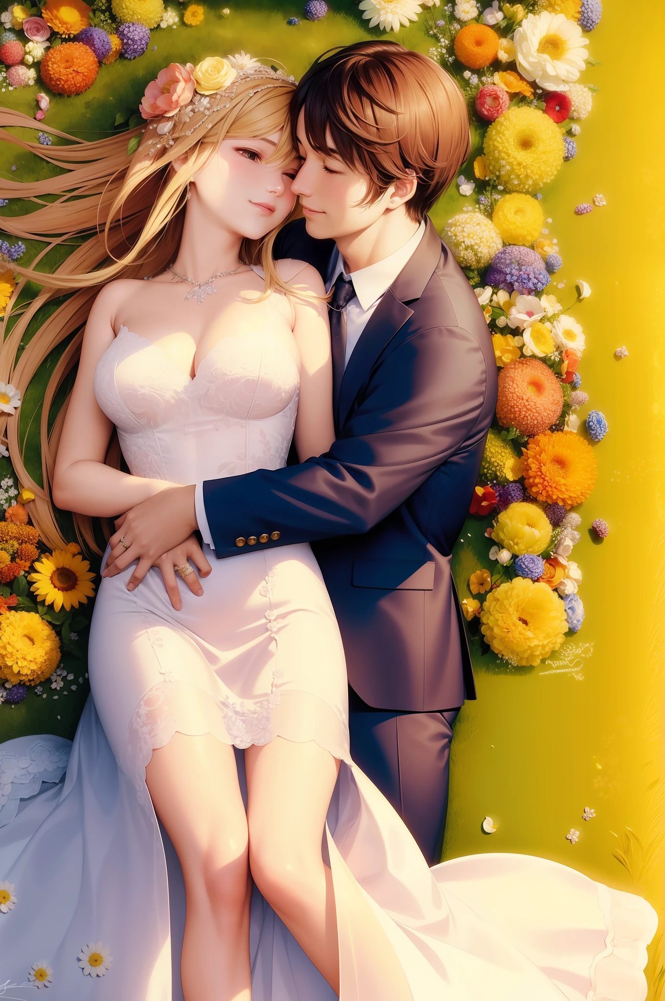 Realistic, masterpiece, high resolution, 8k, delicate girl face, handsome boy face, sunny day, love scene, happy couple, flower sea, gorgeous wedding dress, jewelry, lace, dreamy atmosphere, happy smile, affectionate Eyes, elegant suits, gentlemanly demeanor, harmony and perfection, gentle hugs, blooming flowers, colorful flowers, breeze, floral fragrance, sunshine, details, sincere expressions, beautiful moments, romance and warmth, sincere love ,glorious future.