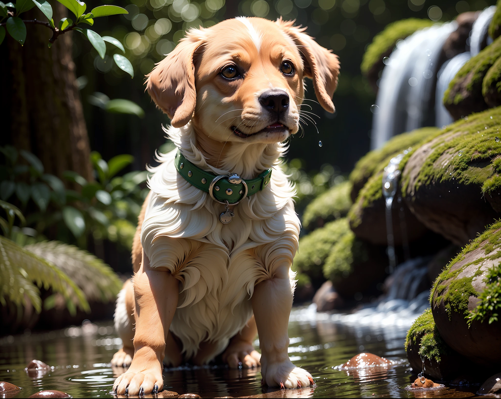 "(extremely detailed, best quality) UM CACHORRO BRINCANDO COM MUITA FELICIDADE EM UMA CACHOEIRA, (depth of field:1.2, wide shot, foliage, nature:1.2),(blurred out background:0.9, many flying waters droplets around, wet fur, glowing water:1.2, green hue filter):0.8"