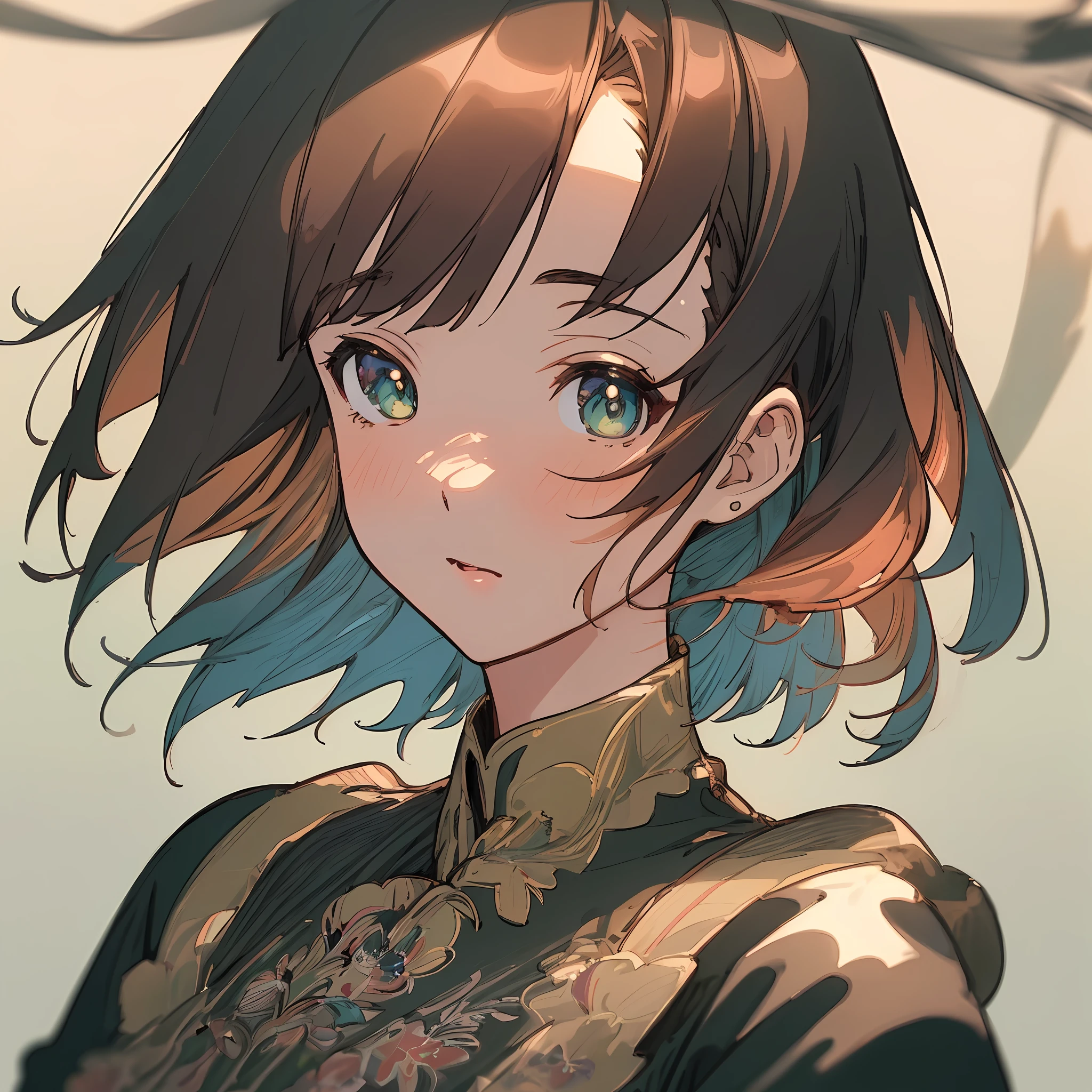 original, (masterpiece), (illustration), (extremely fine and beautiful), perfect detailed, photorealistic, (beautiful and clear background:1.25), (depth of field:0.7) 8K, best quality, anime, mature woman, portrait, detailed clothing, short and multicolored hair, black dress