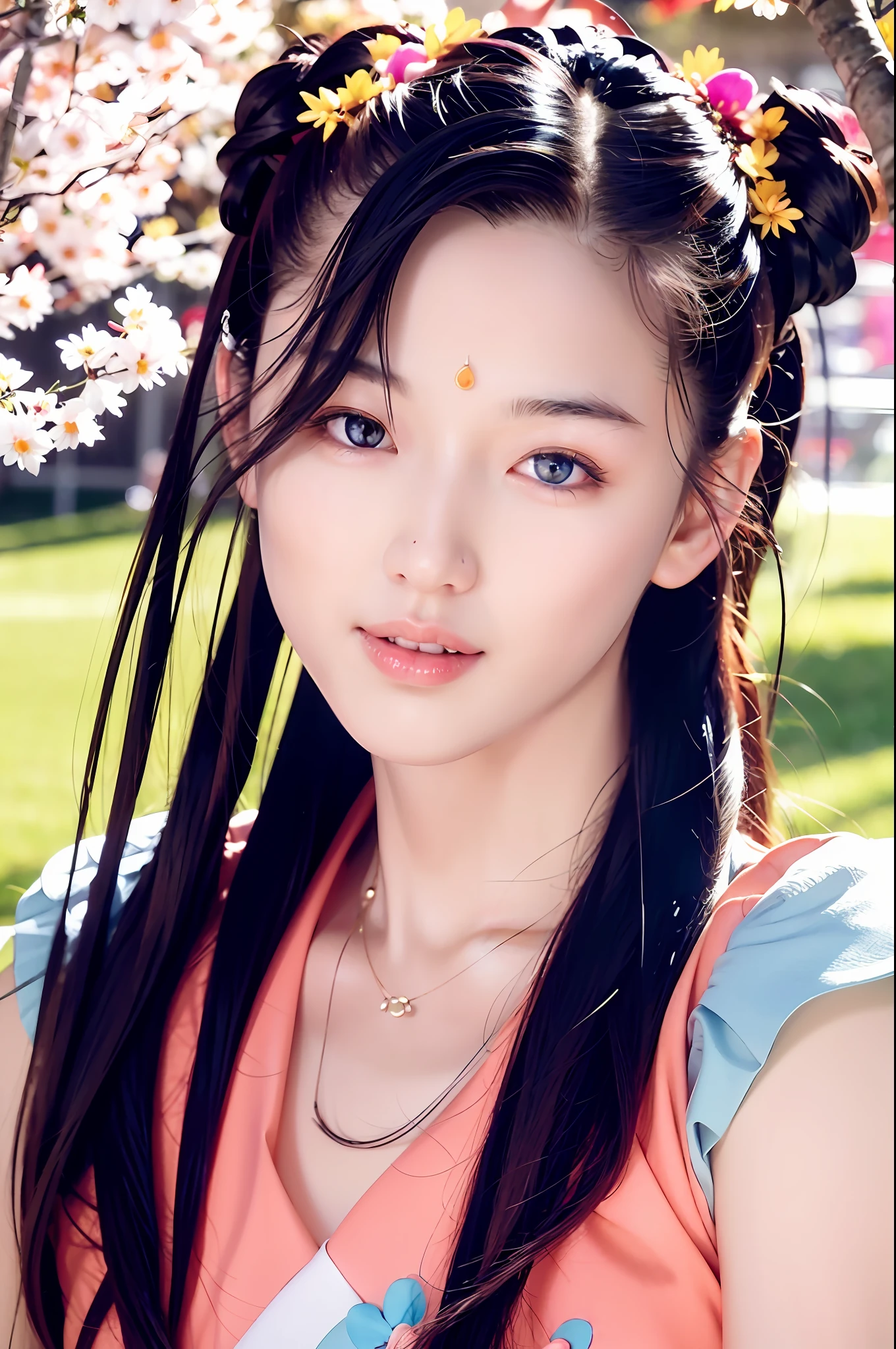 (masterpiece, best quality, super detailed, high resolution), perfect face, side light, shiny skin, (bloom), (gloss), happy smiley face, 1girl, multicolored hair, blue hair, pink Hair, rainbow sky, cherry blossoms, detailed face, shiny skin, depth of field, very detailed background, rule of thirds, great composition, dynamic angles, solo, extreme lighting, (detailed eyes), (very detailed CG unity 8k wallpaper), perfect anatomy, bright colors, wide-angle lens, cowboy shot, upper body,