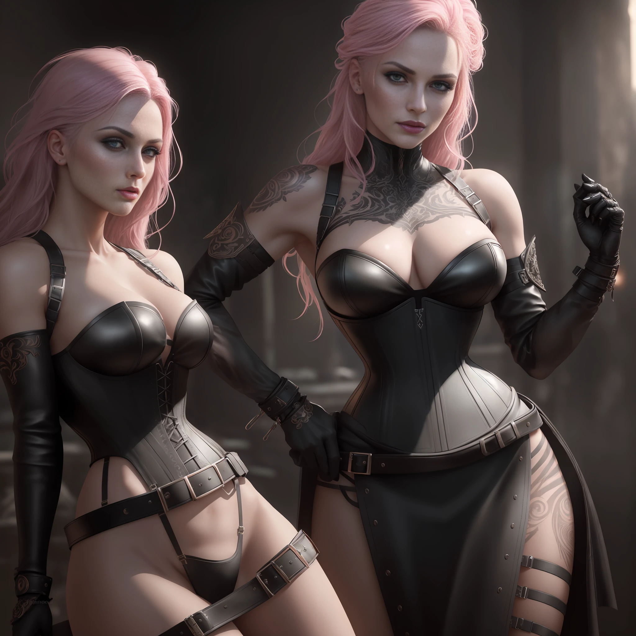 full body shot, raw photograph, realistic photo of ((woman in a black leather corset with leather straps and ornate detail)), ((detailed face)), sunset, post-apocalyptic, white and pink hair, black eyeliner, photorealistic, photo, masterpiece, realistic, realism, photorealism, high contrast, photorealistic digital art trending on Artstation 8k HD high definition detailed realistic, detailed, skin texture, hyper detailed, realistic skin texture, armature, best quality, ultra high res, (photorealistic:1.4),, high resolution, detailed, raw photo, sharp re, rich colors hyper realistic lifelike texture dramatic lighting unreal engine