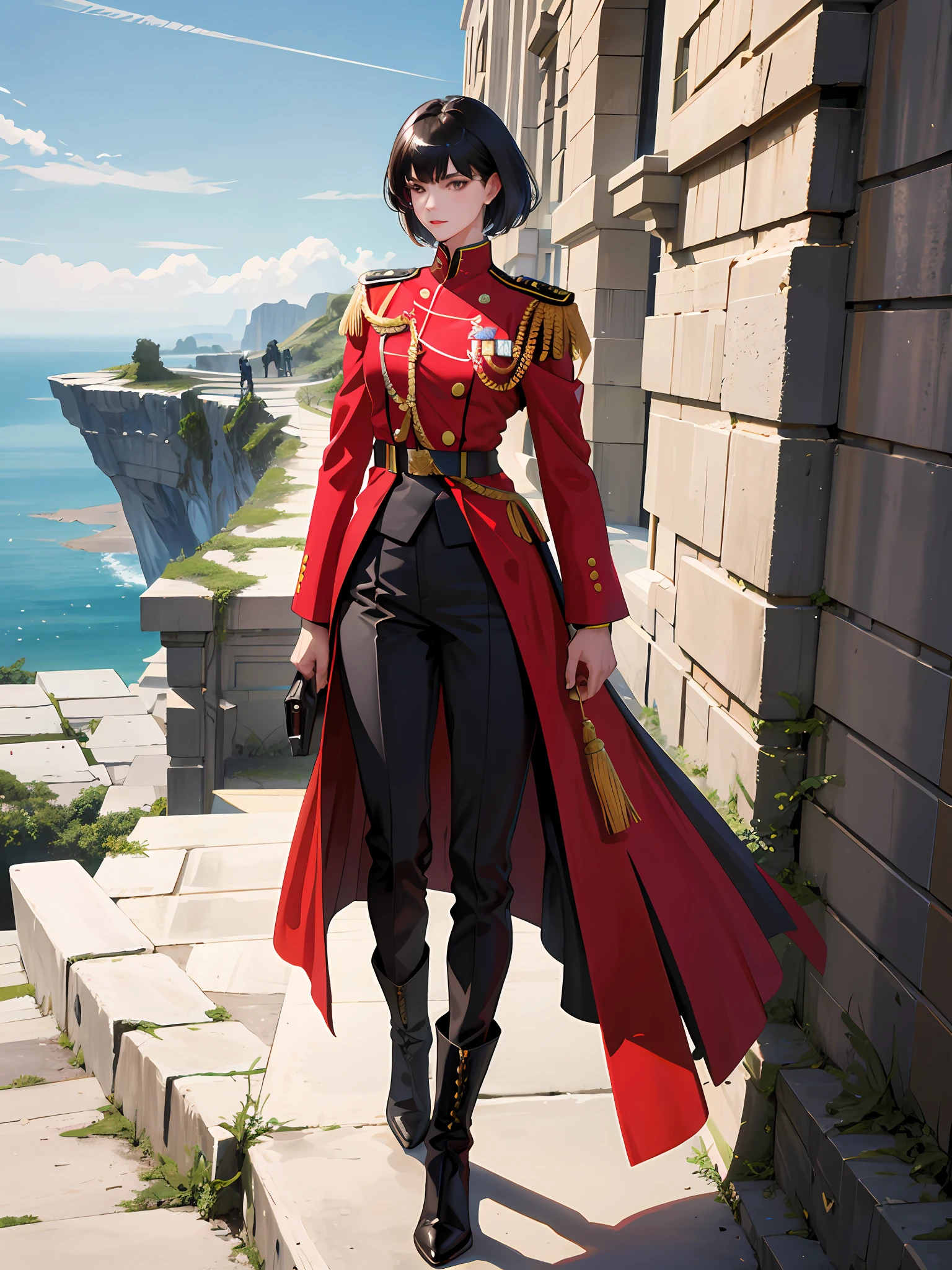 (highest resolution, distinct_image) superb, masterpiece, high detail, semi-realistic, a very beautiful woman, solo, normal handsome standing, black short hair, 18 years old, young, tall and strong, white and red military uniform, military boots, military uniform, Military academy, confident, serious, cold, proud, standing on a cliff, overlooking