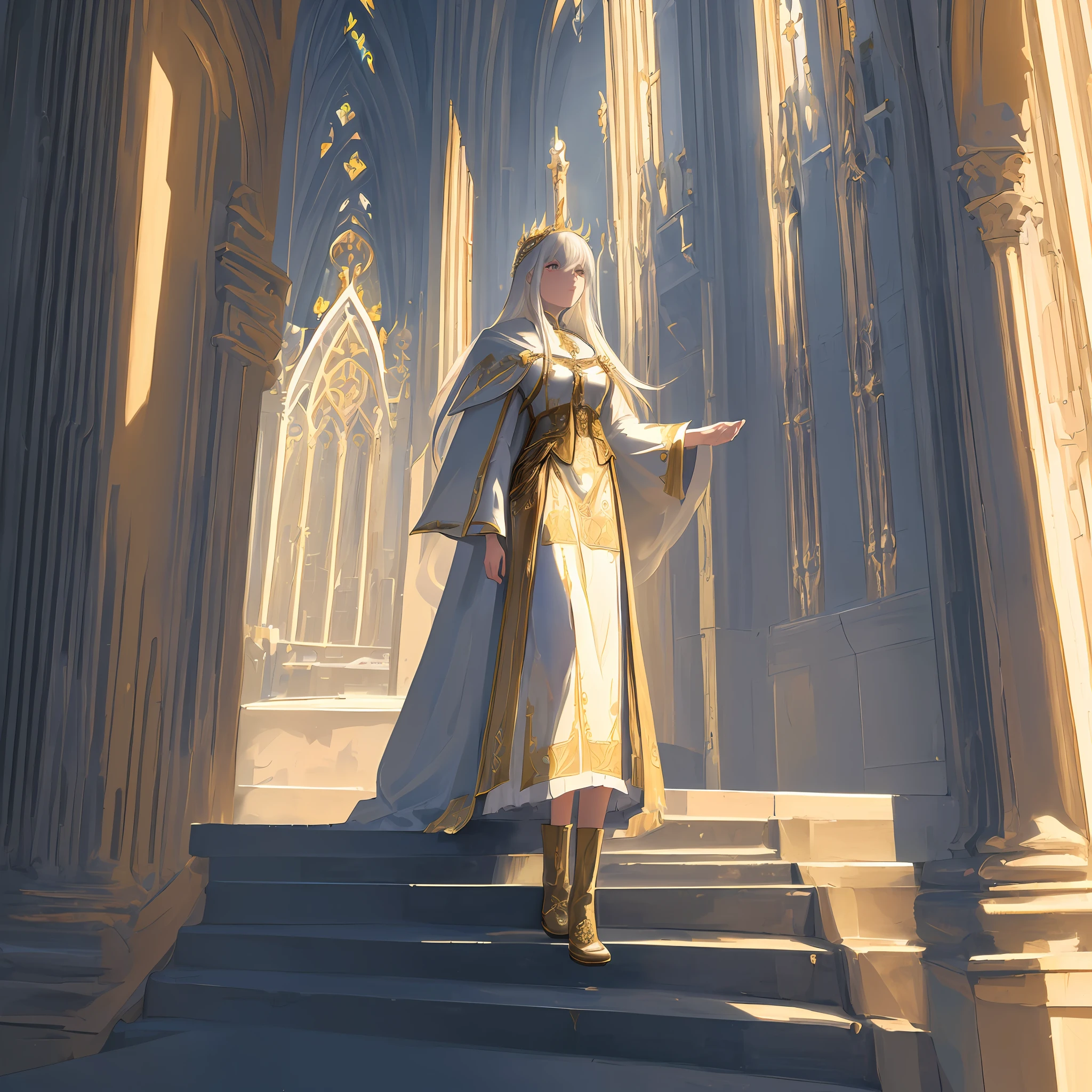 ((masterpiece)), ((best quality)), ((ultra-detailed)), illustration, a white-haired and golden-eyed woman dressed as a priestess, wearing a golden western classical dress, without any exposure, wearing Cloak, front view viewer, pious, indifferent, mysterious, with white spire gothic cathedral in background, fantasy
