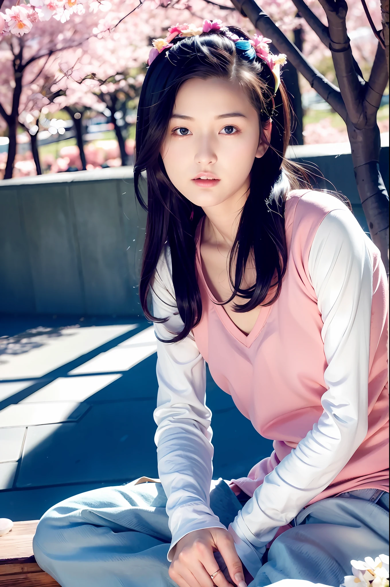 (masterpiece, best quality, super detailed, high resolution), perfect face, side light, shiny skin, (bloom), sparkling eyes, (shine), happy smiling face, 1girl, colorful hair, blue hair, pink hair, rainbow sky, cherry blossoms, detailed face, shiny skin, depth of field, very detailed background, rule of thirds, great composition, dynamic angles, solo, extreme light and shadow, (detailed eyes) , (very detailed CG unity 8k wallpaper), perfect anatomy, vibrant colors, wide angle lens, cowboy shot, upper body,