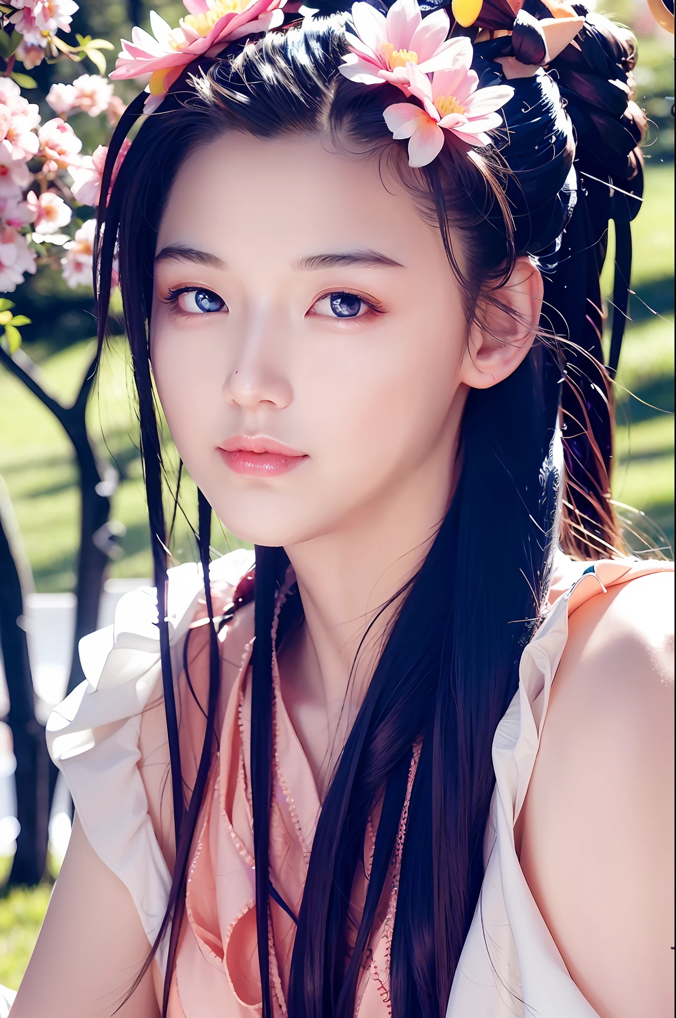 (masterpiece, best quality, super detailed, high resolution), perfect face, side light, shiny skin, (bloom), sparkling eyes, (shine), happy smiling face, 1girl, colorful hair, blue hair, pink hair, rainbow sky, cherry blossoms, detailed face, shiny skin, depth of field, very detailed background, rule of thirds, great composition, dynamic angles, solo, extreme light and shadow, (detailed eyes) , (very detailed CG unity 8k wallpaper), perfect anatomy, vibrant colors, wide angle lens, cowboy shot, upper body,